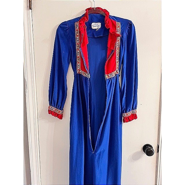 Vintage Lounge Craft Royal Blue Maxi Robe Red Ruffle Trim Long Sleeve Dress 70s