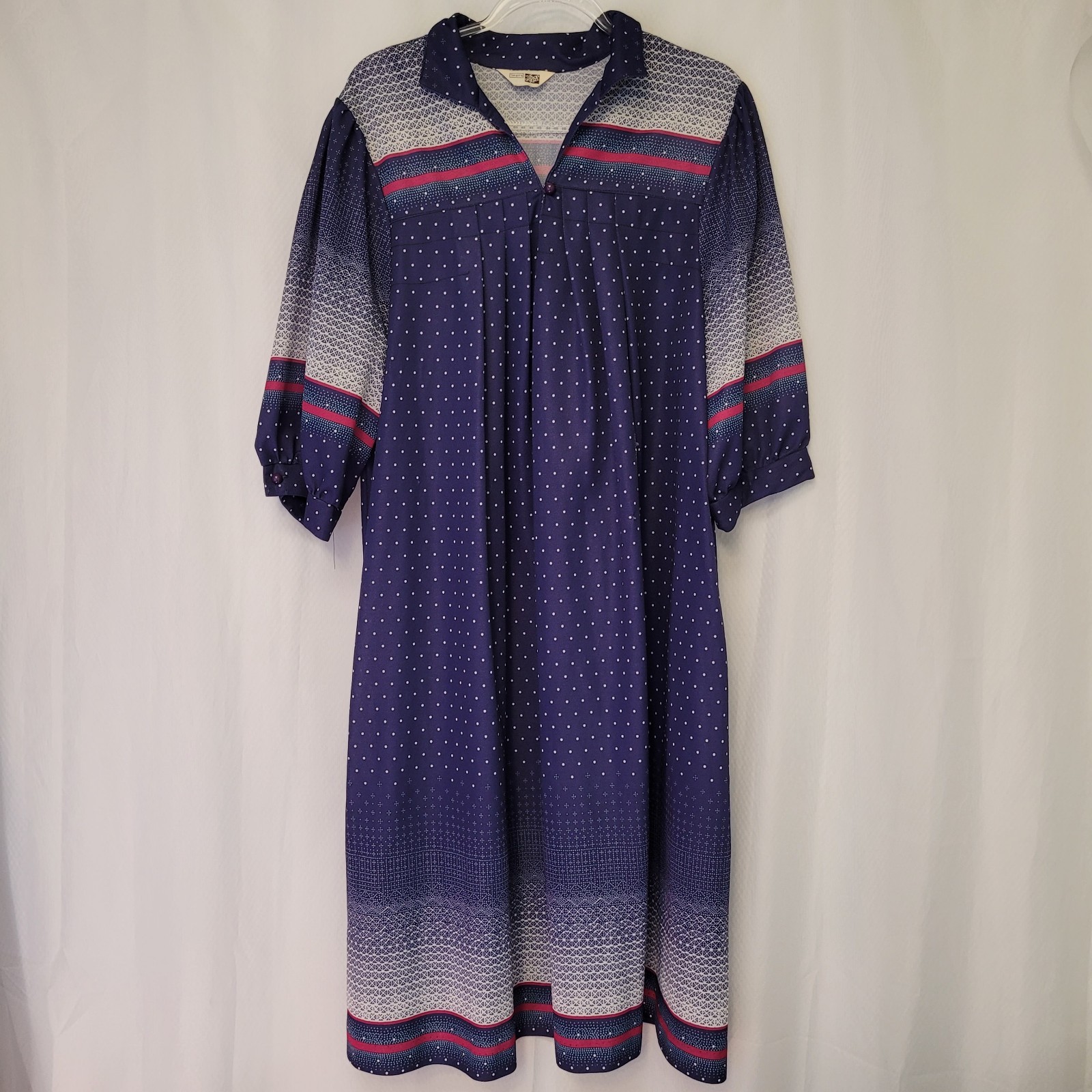 VTG Sears The Fashion Place Blue Polka Dot Puff Sleeve Dress Wmn’s Sz XL 70s 80s