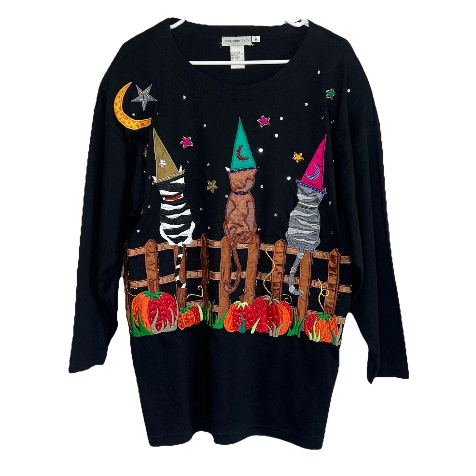 Vintage 80s Sweatshirt Tunic Halloween Cat Applique Folk Art Medium Beaded
