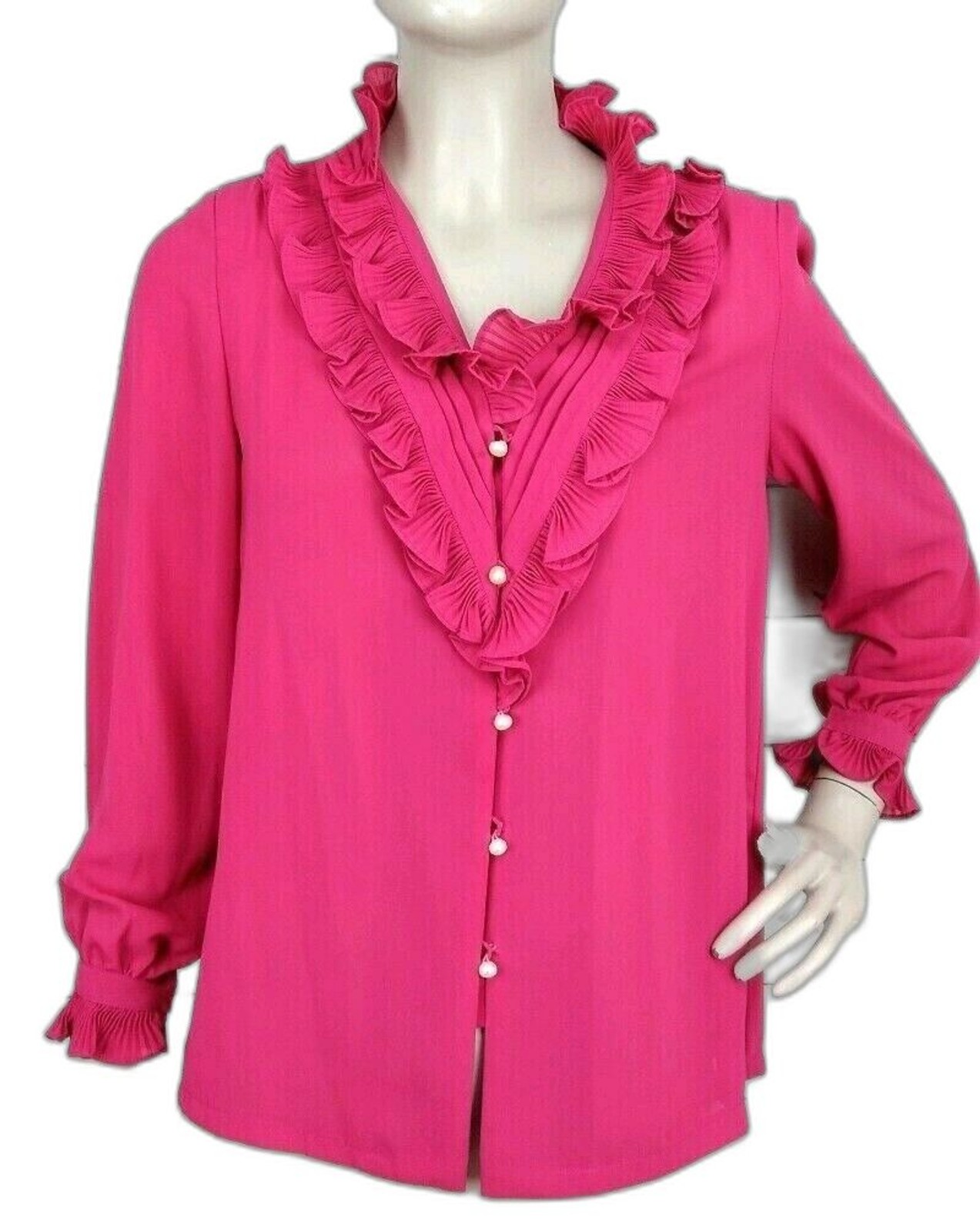 Vintage 60s Wing Tat Pink Ruffled Yoke and Wrists Pearl Button-Down Blouse