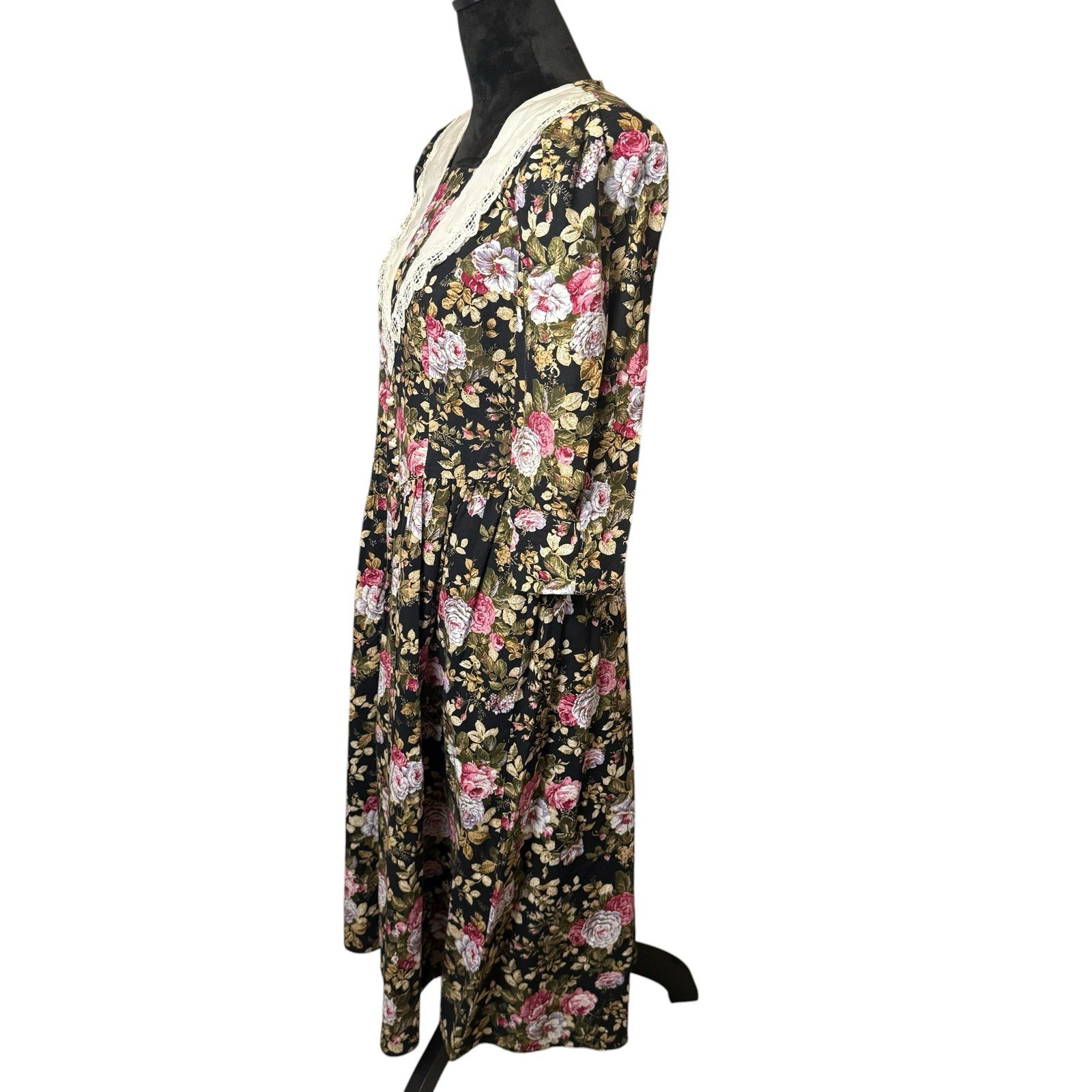 Vintage 80s Dark Cottagecore Black Floral Midi Dress Size Large Lace Prairie