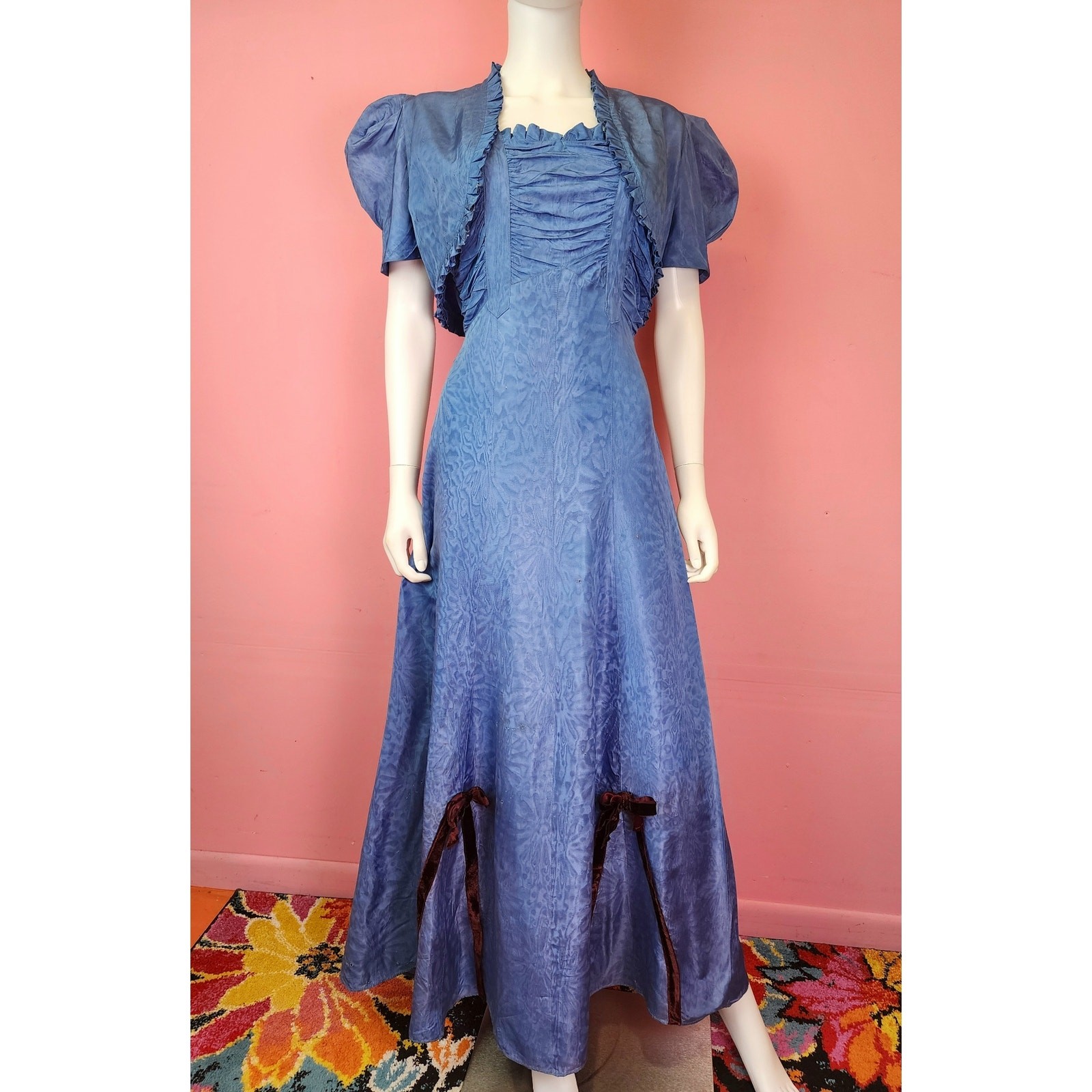 Antique 1930’s Moiré Satin Gown and Bolero Cornflower Blue Burgundy Velvet Bows