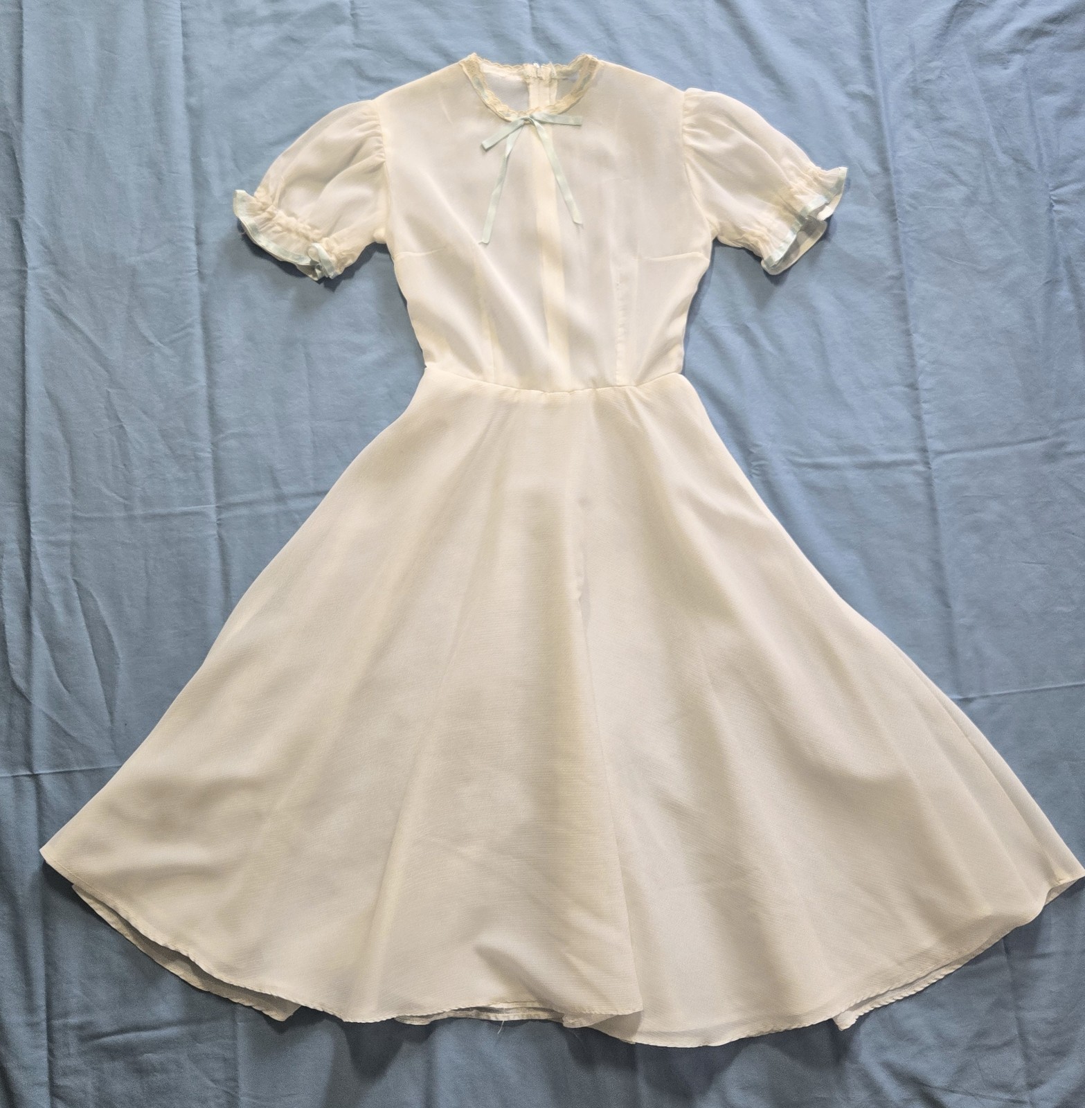 Vintage Simple White Puff Sleeve Circle Skirt Dress with Blue Ribbon Handmade
