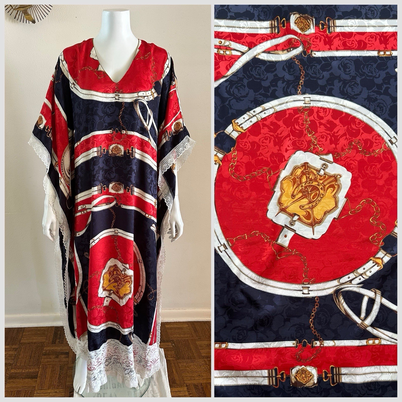 1970s Equestrian Scarf Print Caftan Dress Red Navy Gold Maxi Boho Resort Vintage