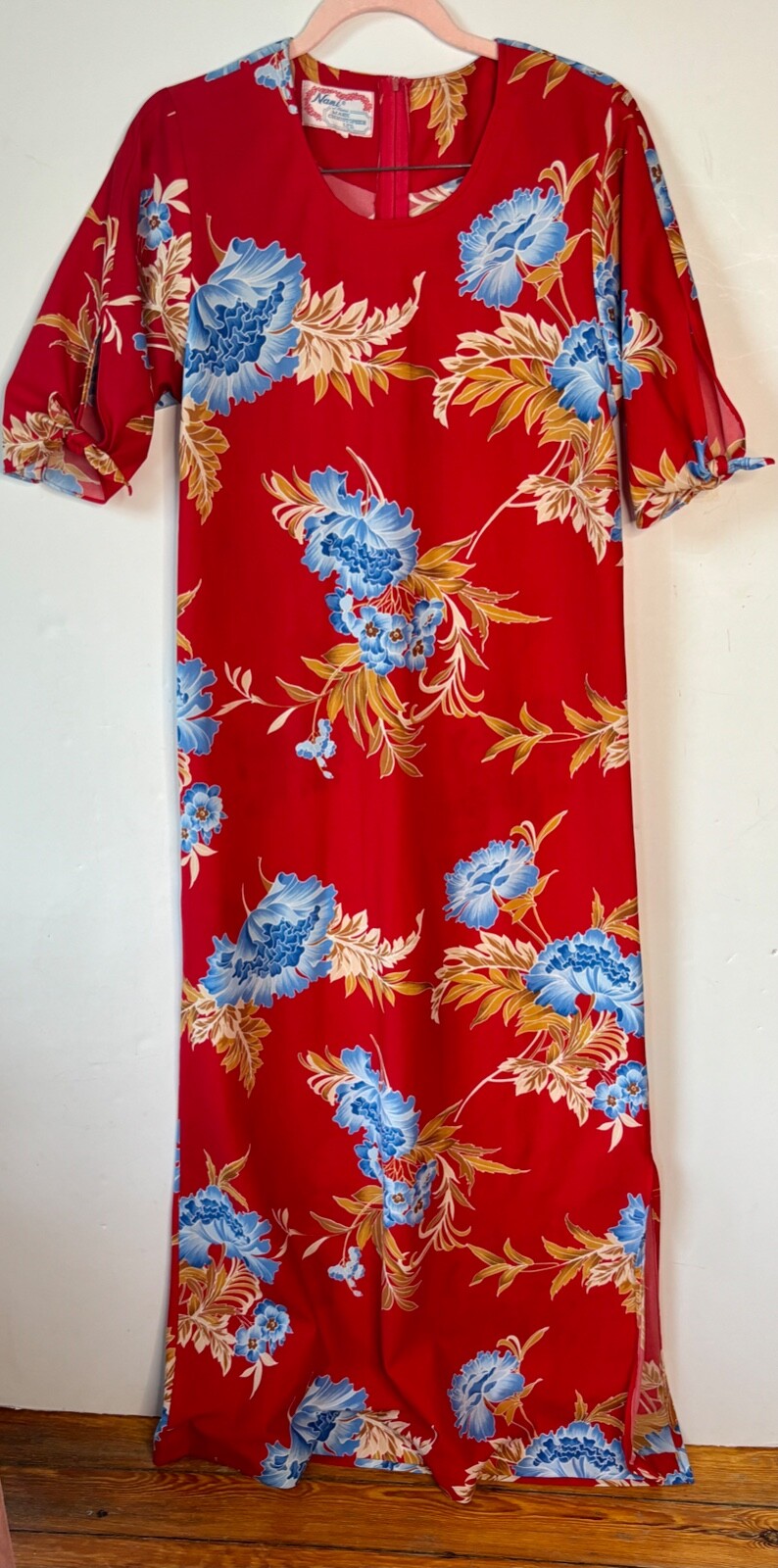 VTG NANI OF HAWAII MARK CHRISTOPHER RED&BLUE FLORAL PRINT MAXI HOUSE DRESS*S/M