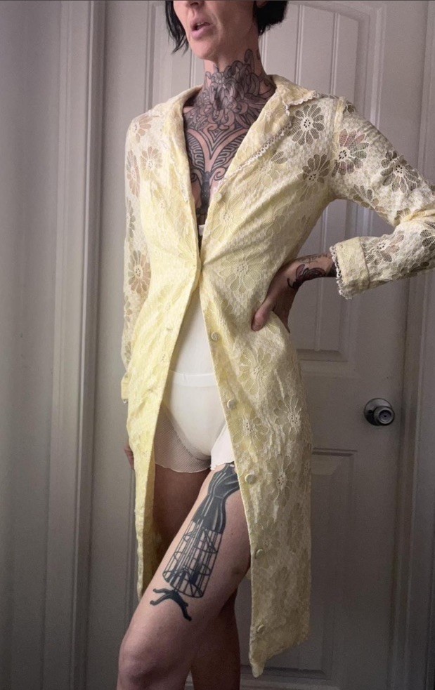 Vtg 60s Flair Originals Yellow Lace Floral Button Down Dress Flower Power Mod S