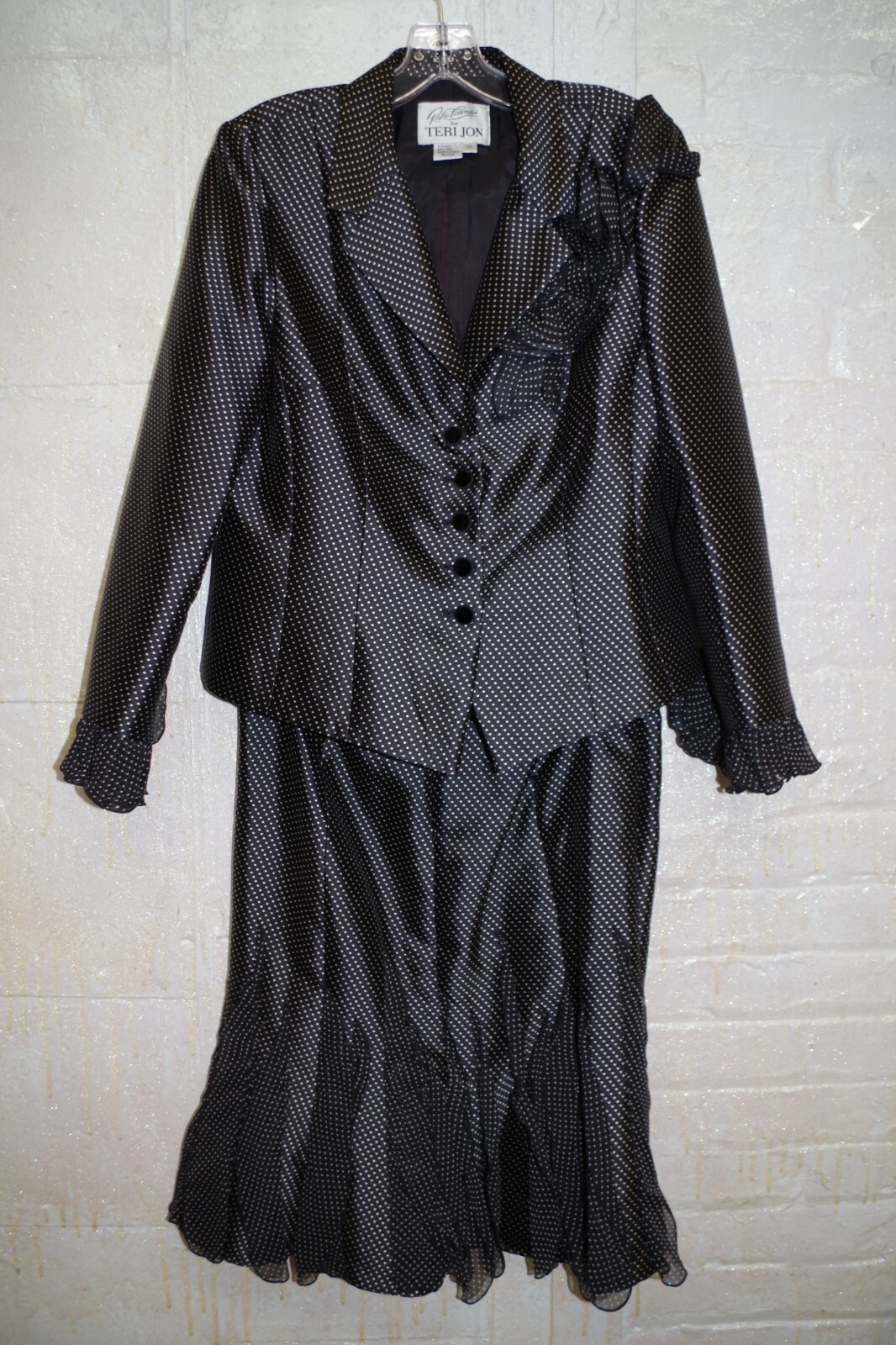 C5 Rickie Freeman for Teri Jon Polka Dot Skirt Suit Silk & Wool 12 Black & White