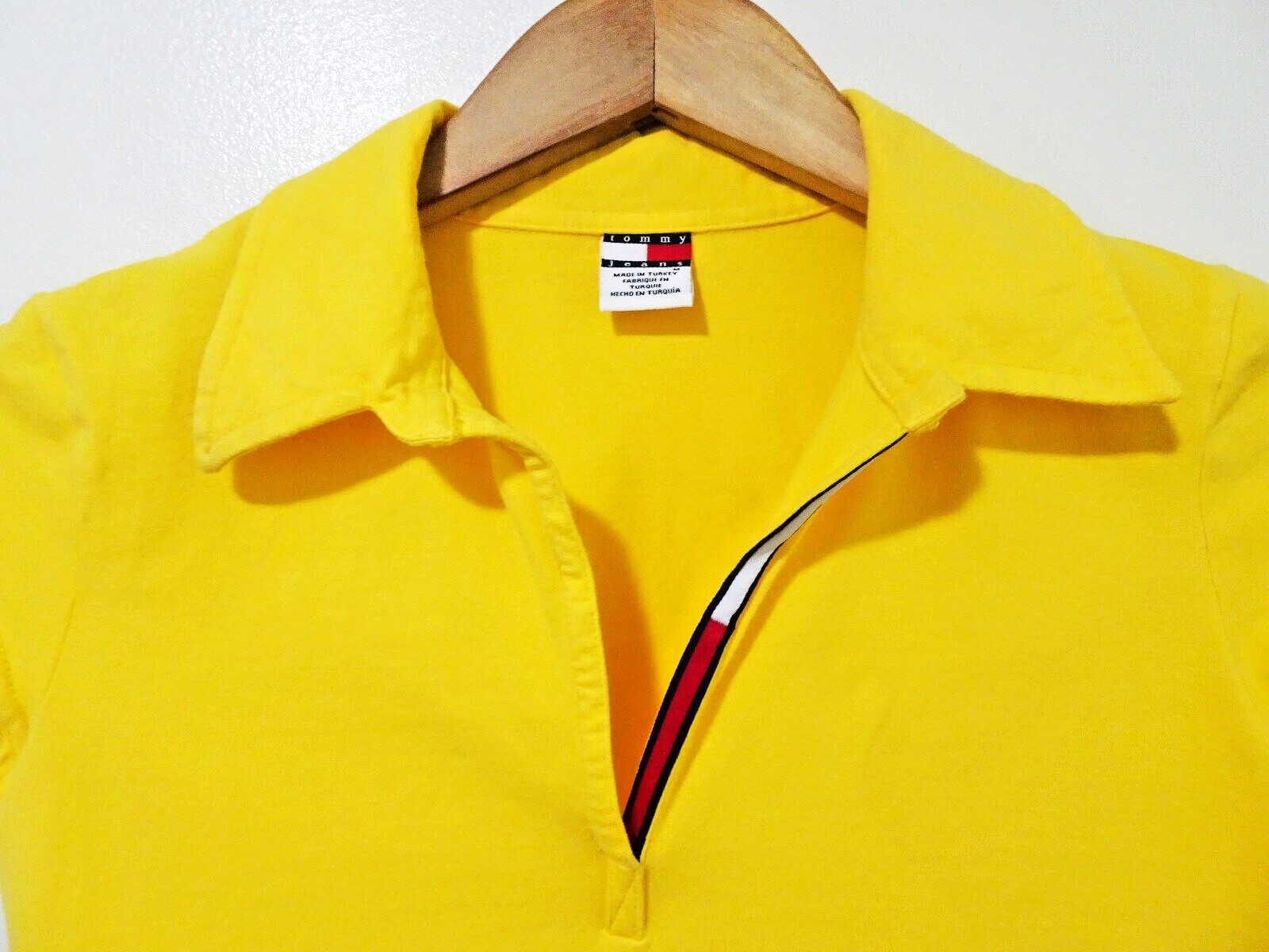 S/M Vtg 90s Y2K Tommy Girl Jeans Flag Collar Yellow Club Kid Euro Rave Shirt