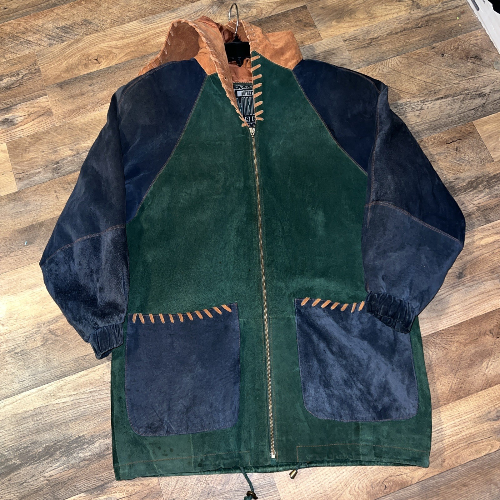 Vintage Authentic WINLIT 1969 Navy Green Tan Leather Suede Womens Sz S With Hood
