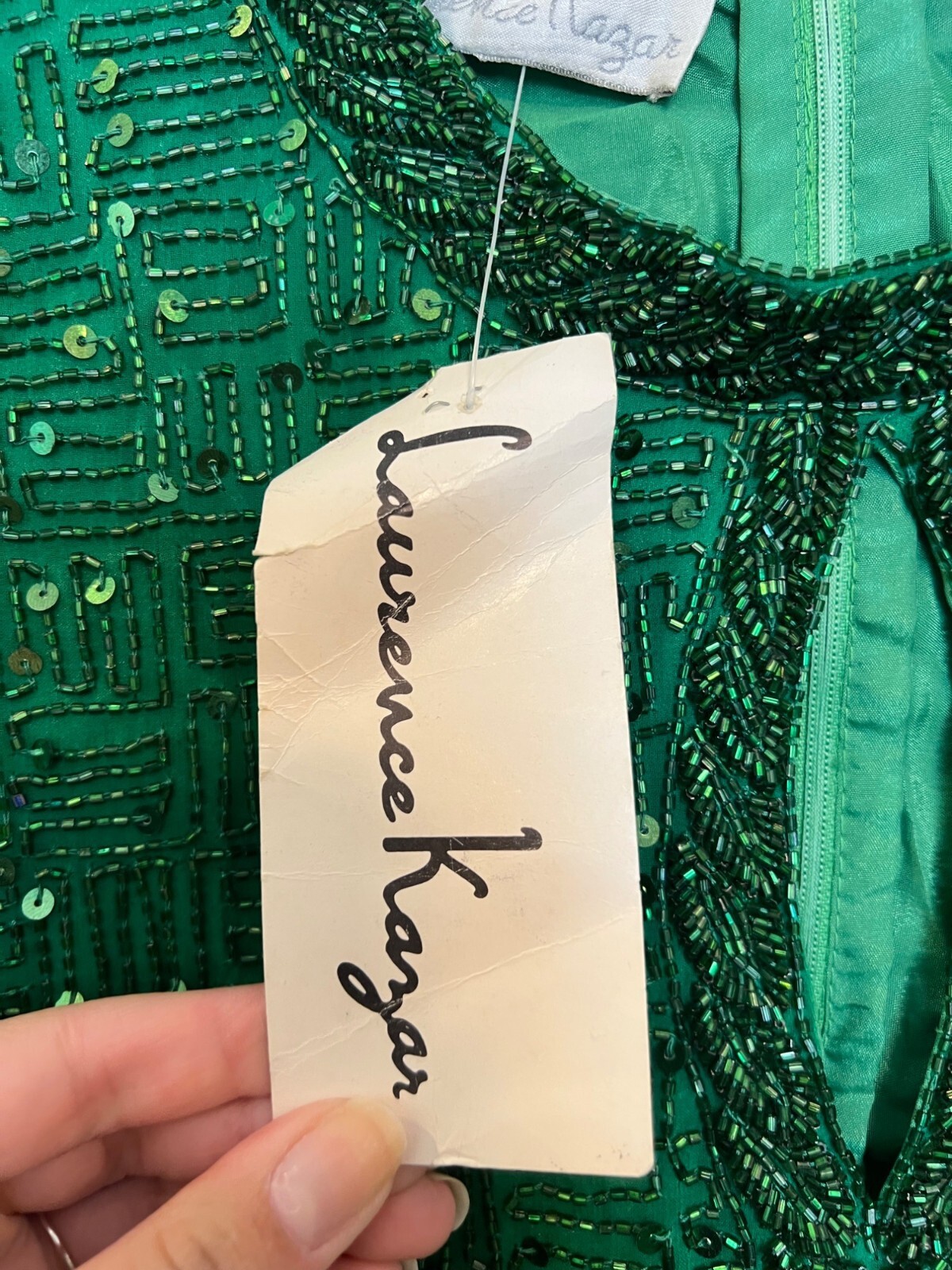 Vintage Lawrence Kazar Green Beaded Silk Dress With Rayon Lining Short Sleeves &