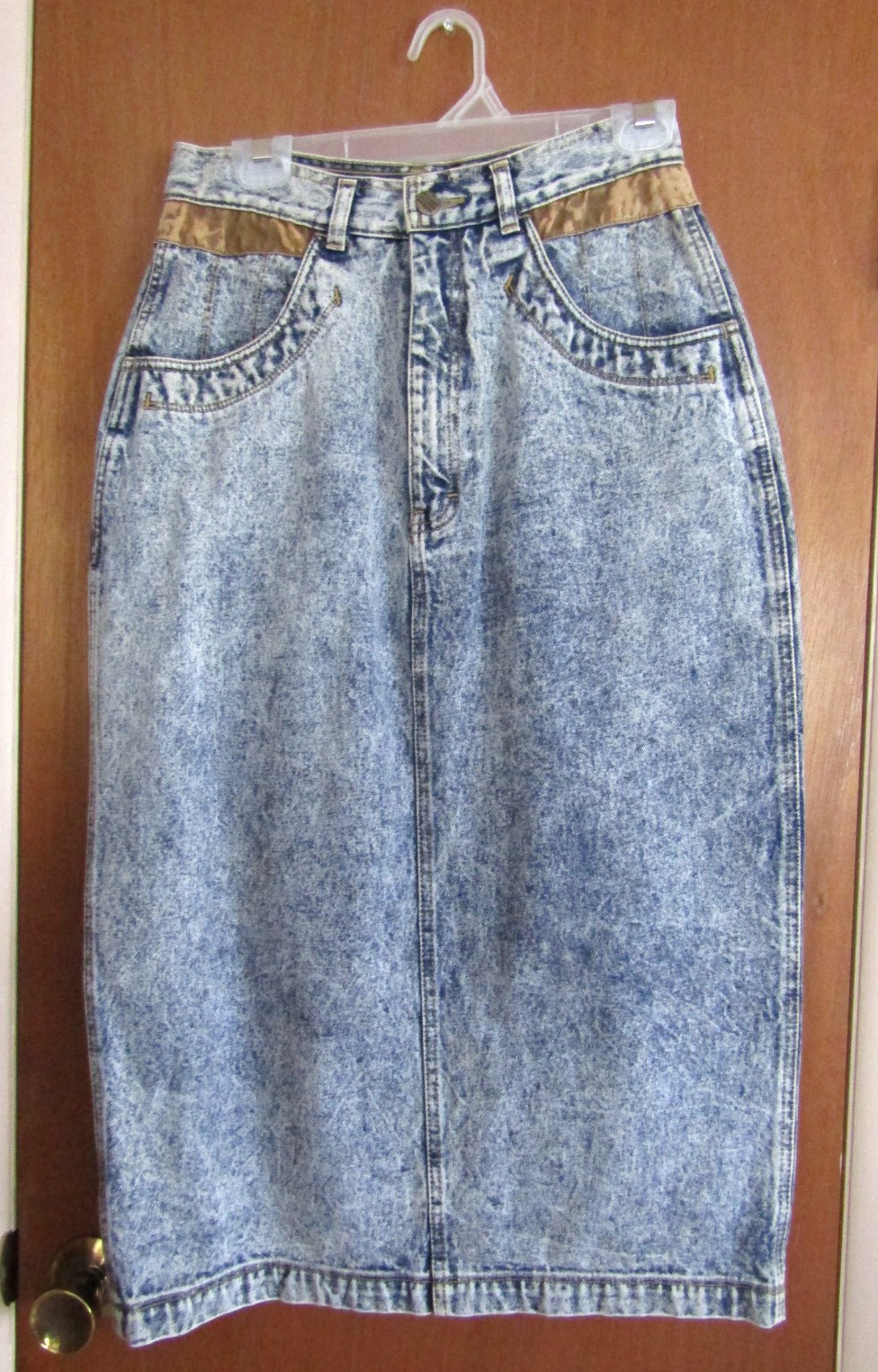 Vintage 80s Light Acid Wash Jean Midi Skirt Size 11/12 Amancio Denim Brown Trim