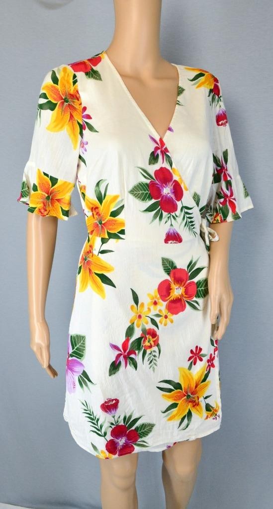 VTG Old Navy Mini White Tropical Floral Deep V Flutter Sleeve Boho Wrap Dress M