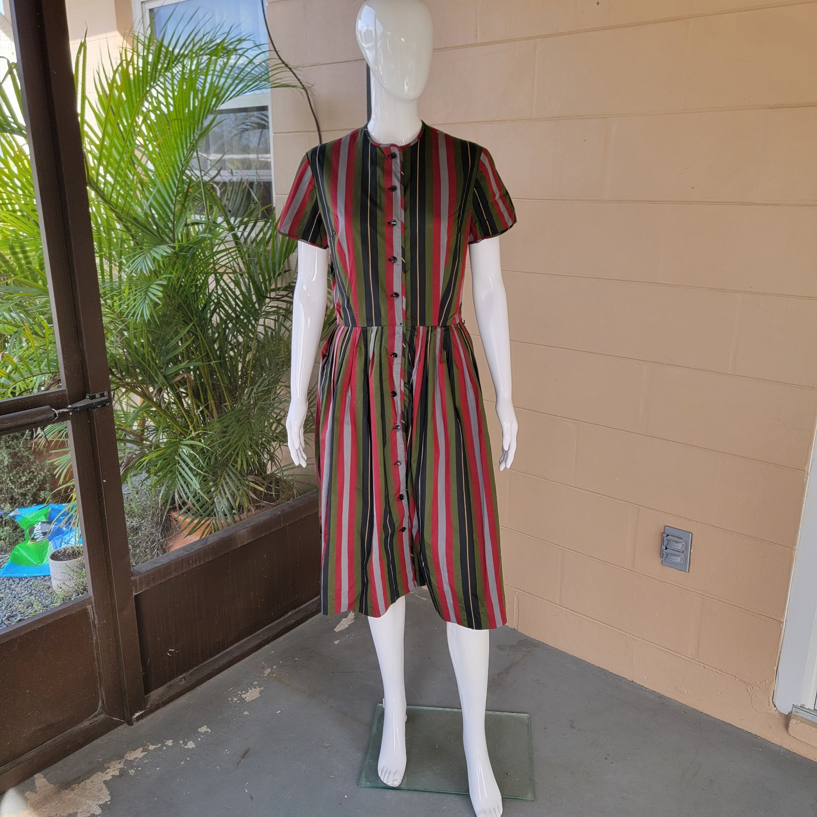 Vintage Bobbie Brooks 60s Striped Day Dress Red Black Green Grey Women Size S/6