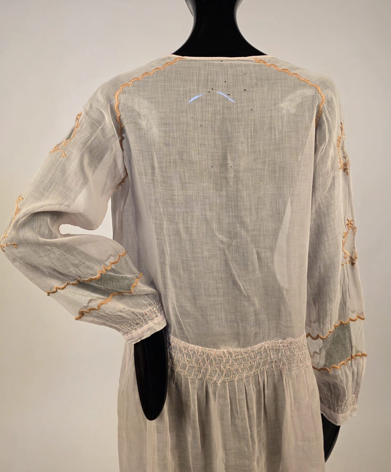 SWEET FLAPPER 1920’S SHEER MUSLIN DRESS W HAND EMBROIDERY + DIAMOND CUTOUTS