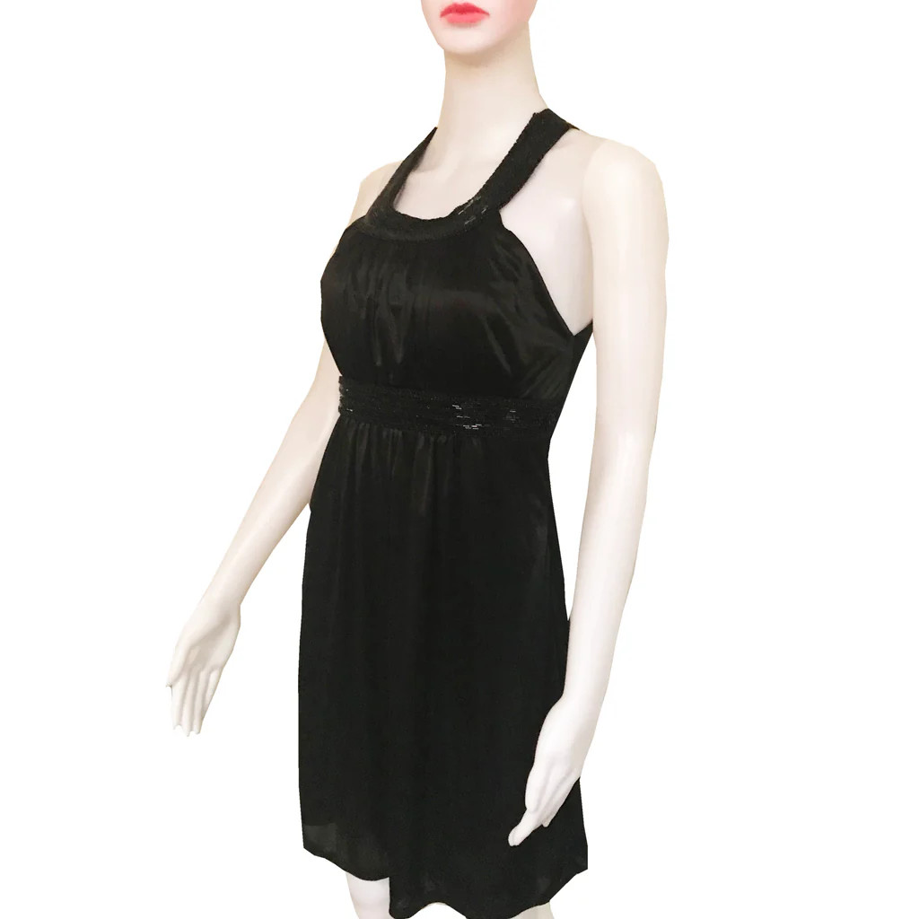 Vintage 1990s Black Satin Beaded Halter Mini Skater Dress S Cocktail Prom LBD