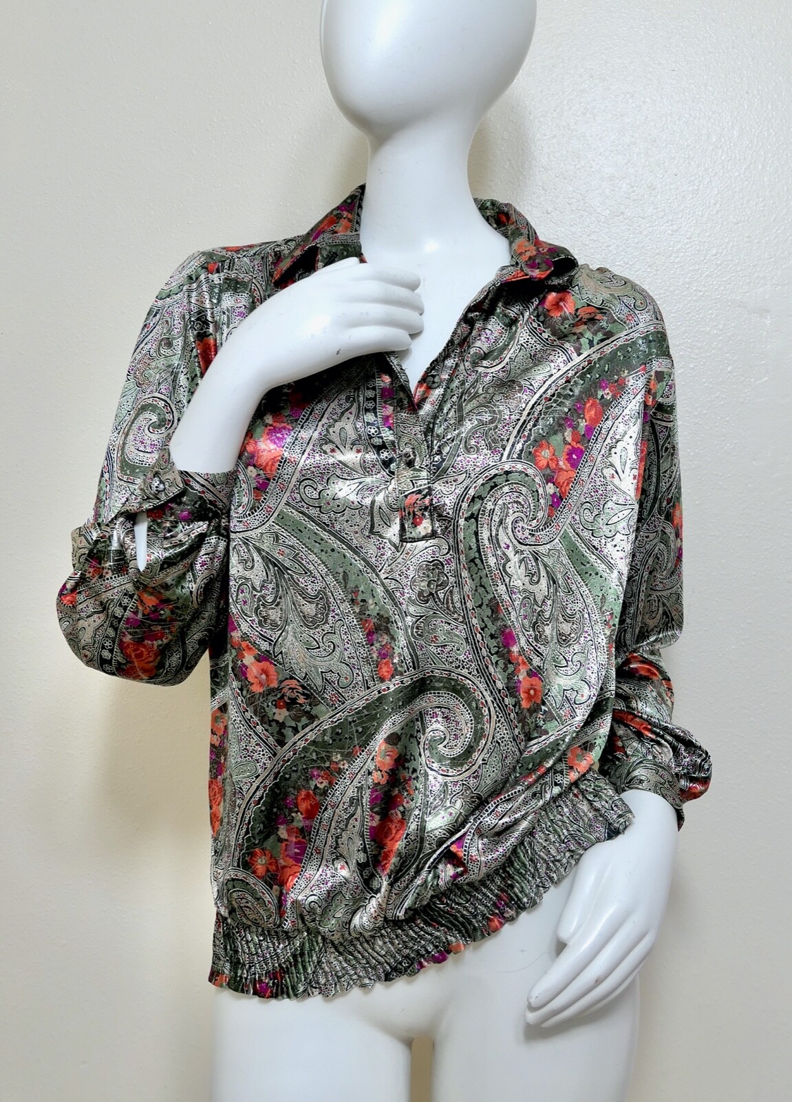 Vintage 70s Shimmer Metallic Henley Top Blouse Mid Century Lady Diplomat L XL