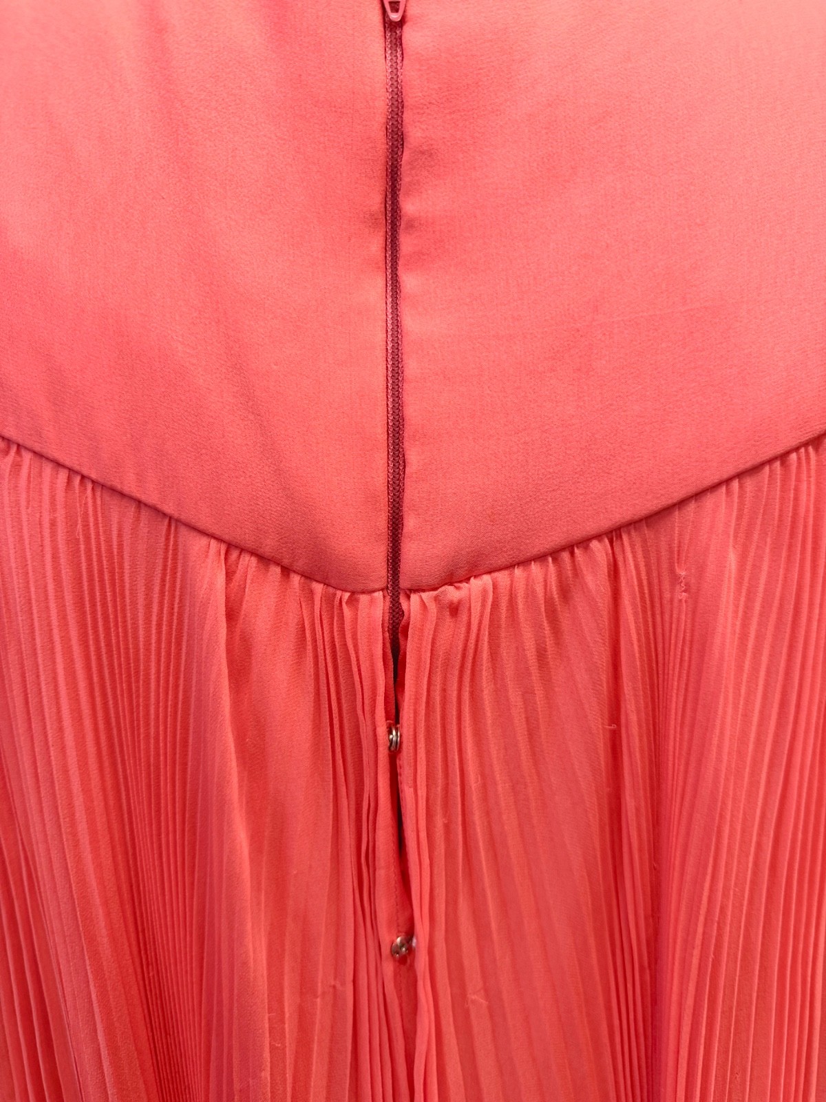 Vtg 1960s 60s TEAL TRAINA Silk PLEATED Chiffon Trapeze Dress CORAL Orange Mod M