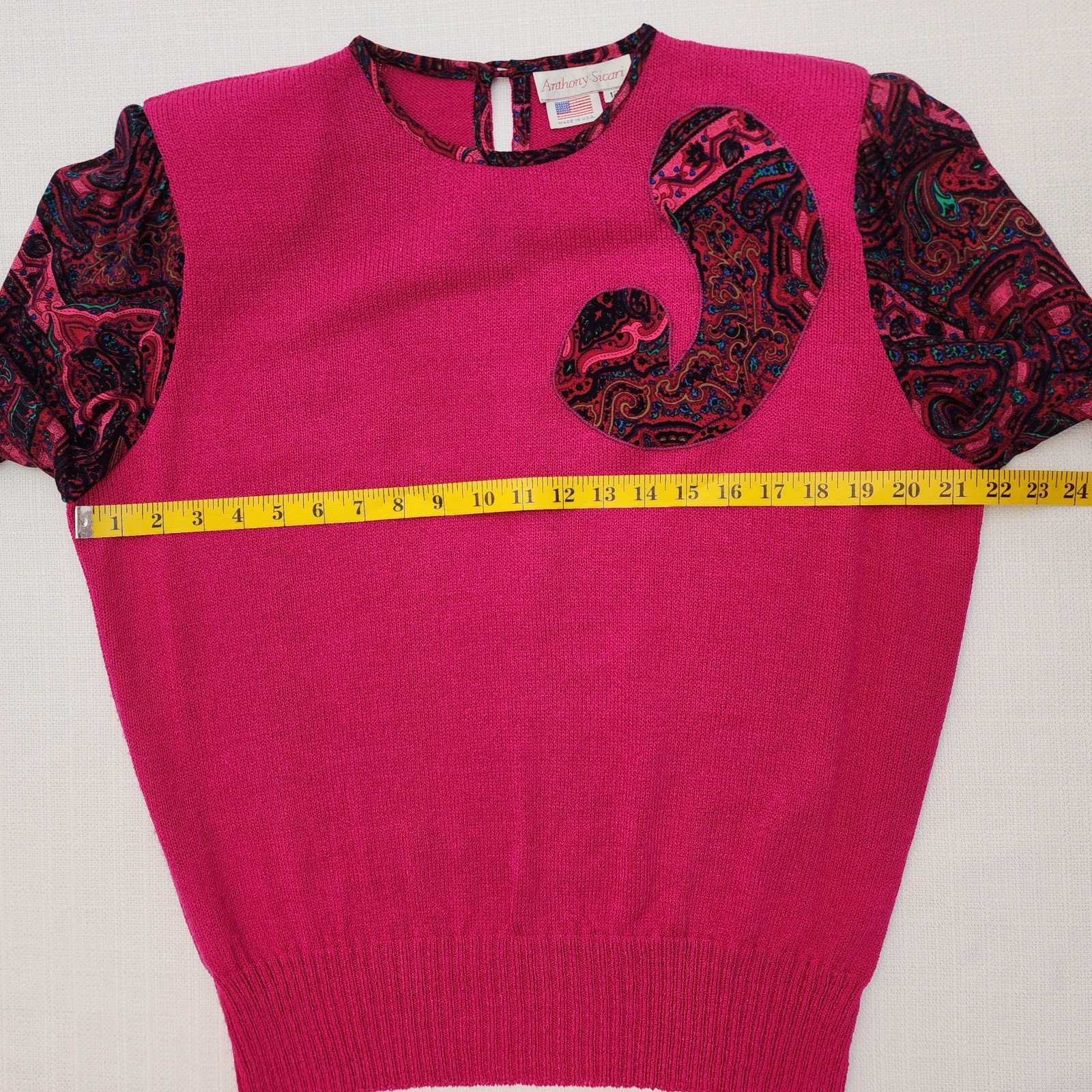 Vintage 80s Pink Paisley Two Piece Sweater Skirt Set Anthony Sicari Size 12