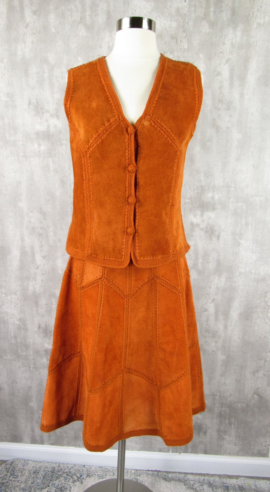 Vintage 70s Orange Suede Two Piece Vest Skirt Dress Crochet Patchwork M/L