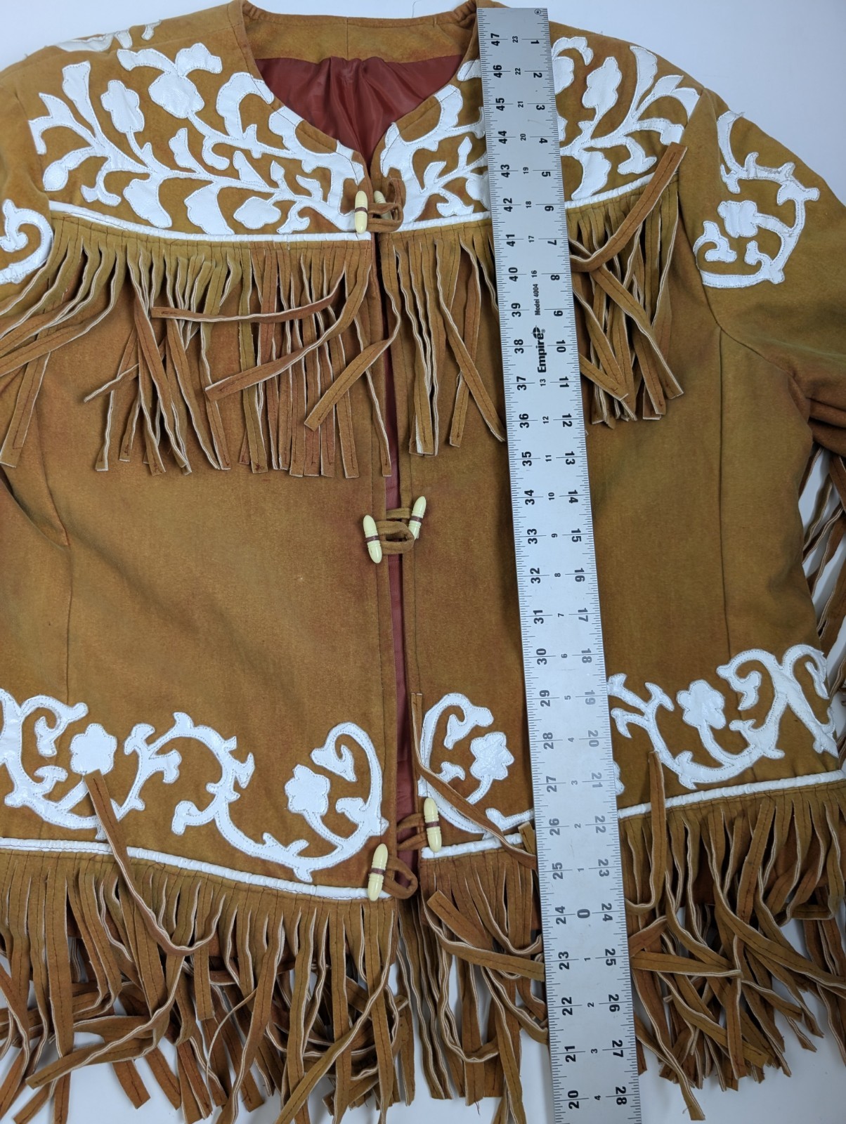 VTG Western Suede Fringe Jacket White Floral Applique Boho Toogle Coat 23×24