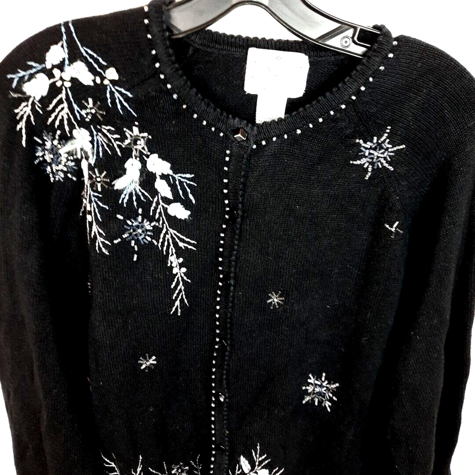 Stitches in Time Snowflake Beaded Embroidered Cardigan Sweater Large Black White