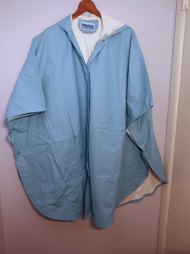 Vintage 1970s Rainskins Raincoat/Poncho Blue Snap Closure Hooded 2X/3X READ