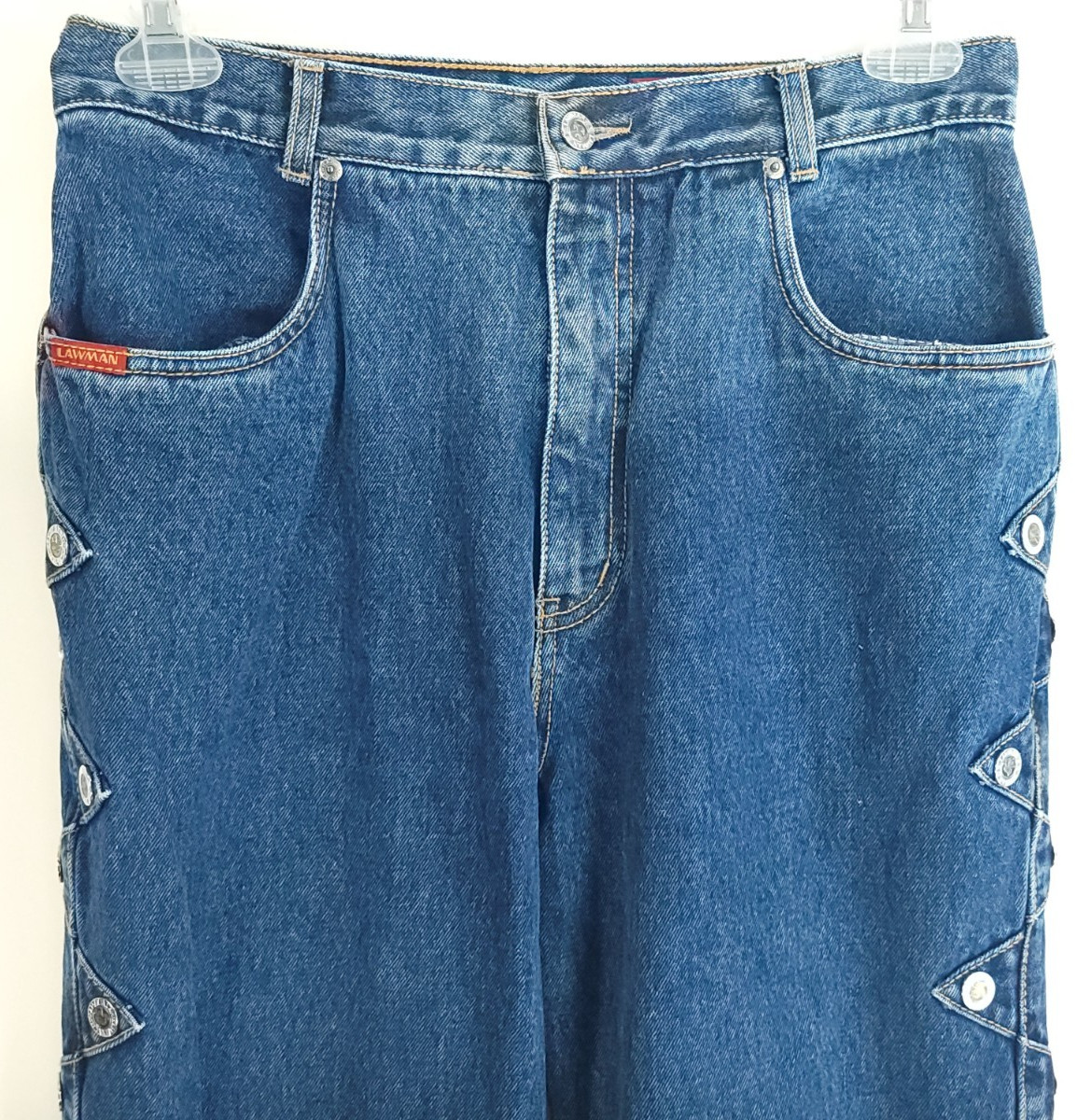 Vtg Lawman Western Jeans Junior’s 15 Blue Denim Distressed Faded Embellished