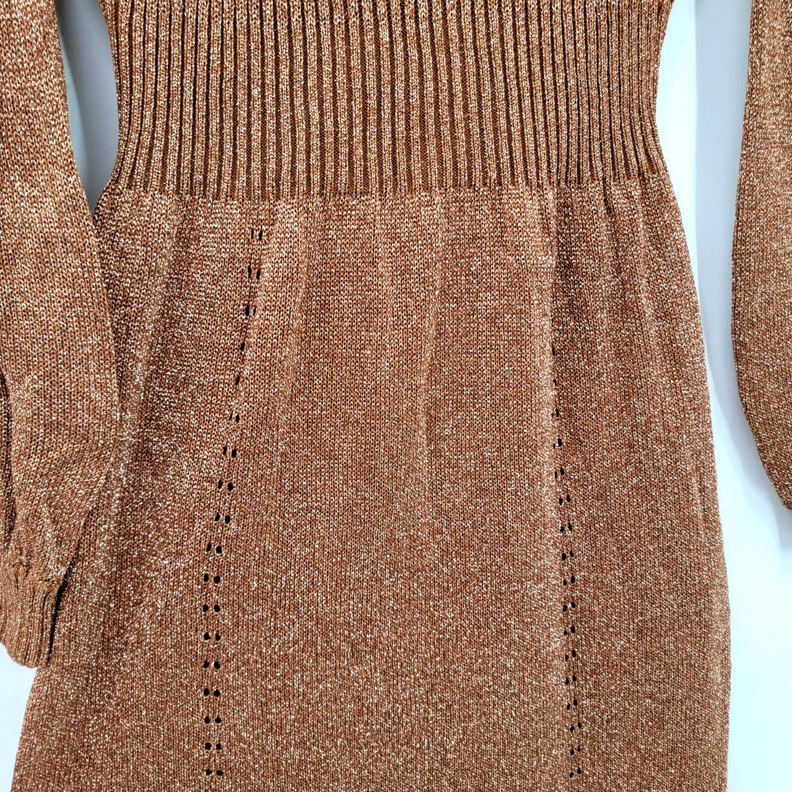 Vtg 70s Disco Wenjilli Sz 15/16 Copper Gold Metallic Knit Maxi Dress Cowl Gown