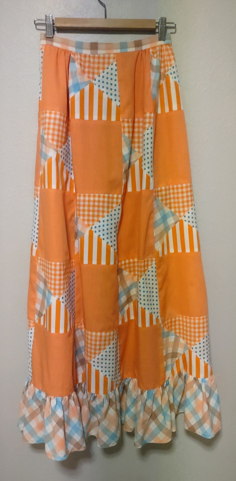 Vintage 70s Original By Mountain Artisans Orange Patchwork Boho Maxi Skirt S