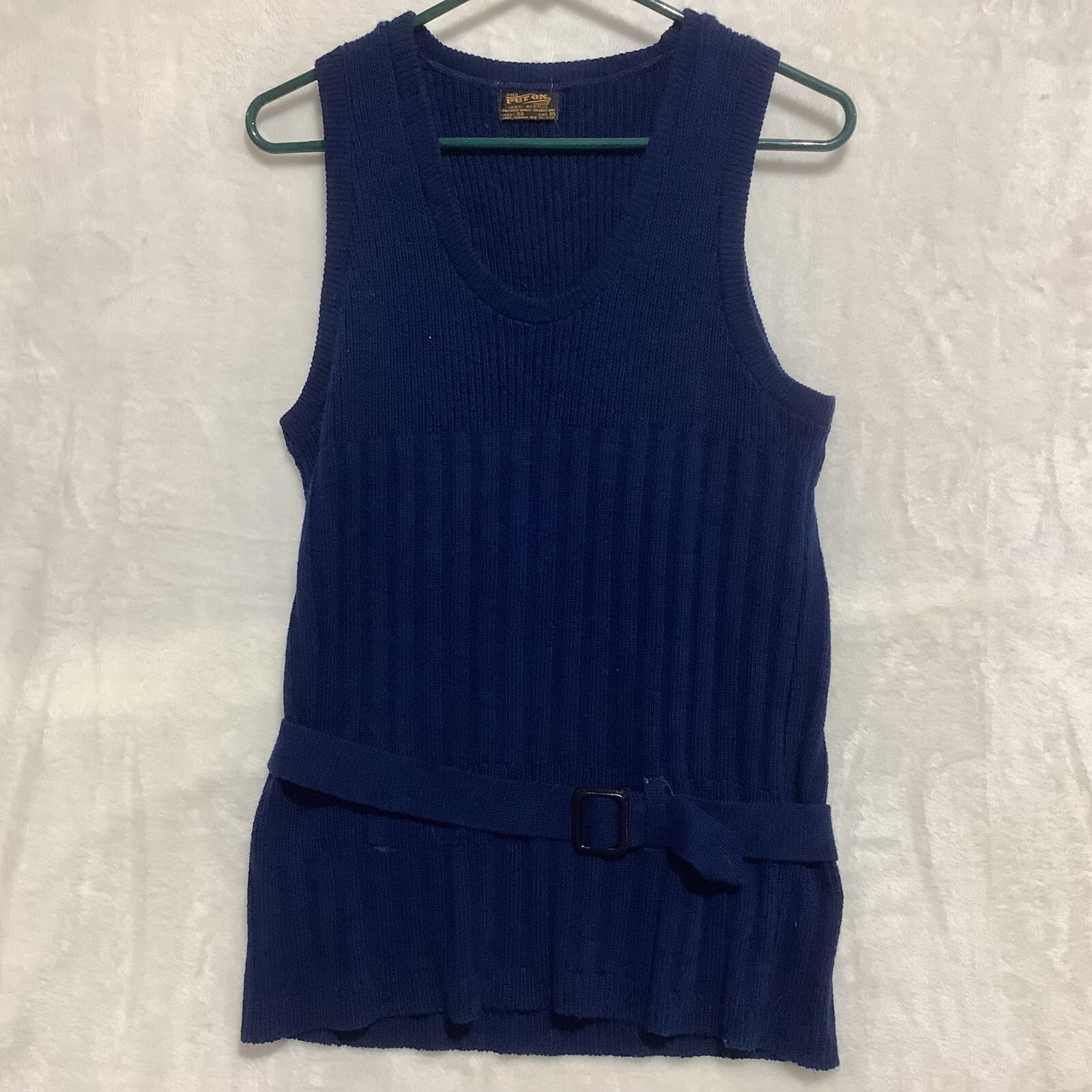 VTG RARE Sears Roebuck The Put On Shop Blue Belted Sweater Vest Acrylic Chest 36
