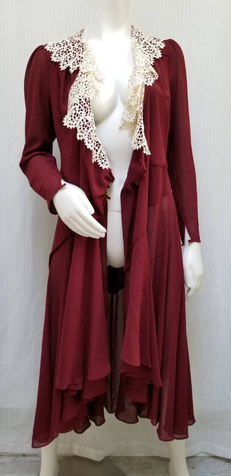 Vintage CASADEI Burgundy Chiffon Wrap Dress w/ Crochet Trim – Size S – EUC