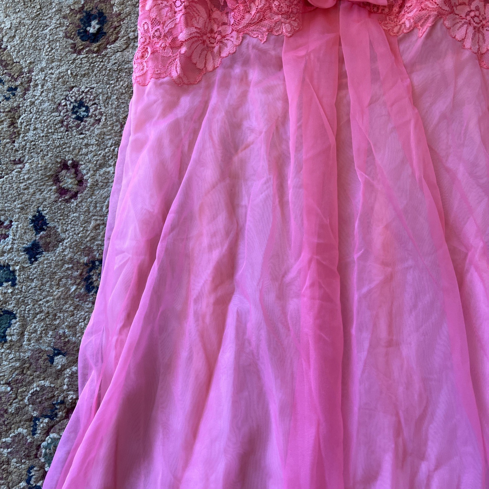 VTG 50’s VANITY FAIR SIZE M 32 NIGHTIE NIGHTGOWN PINK TRICOT NYLON CHIFFON LACE