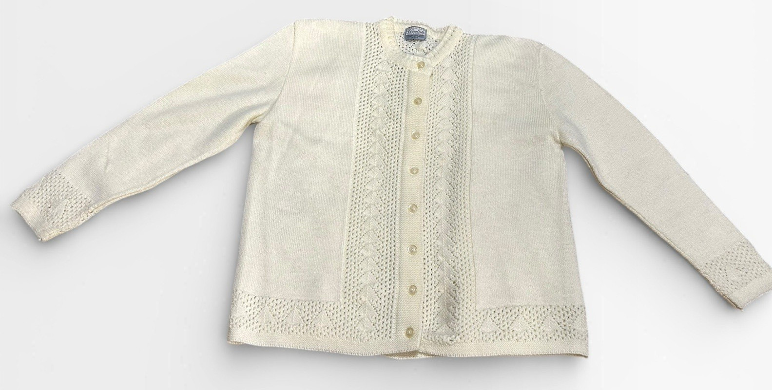 Vintage 70s Womens Medium Ivory Acrylic Knit Cardigan Grandma Core EUC!