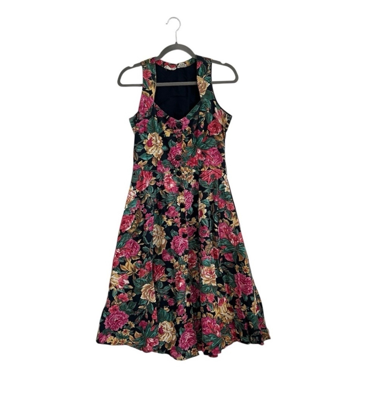 Vintage 90s Floral Button Front Dress Starina Medium Black Fit Flare Cottagecore