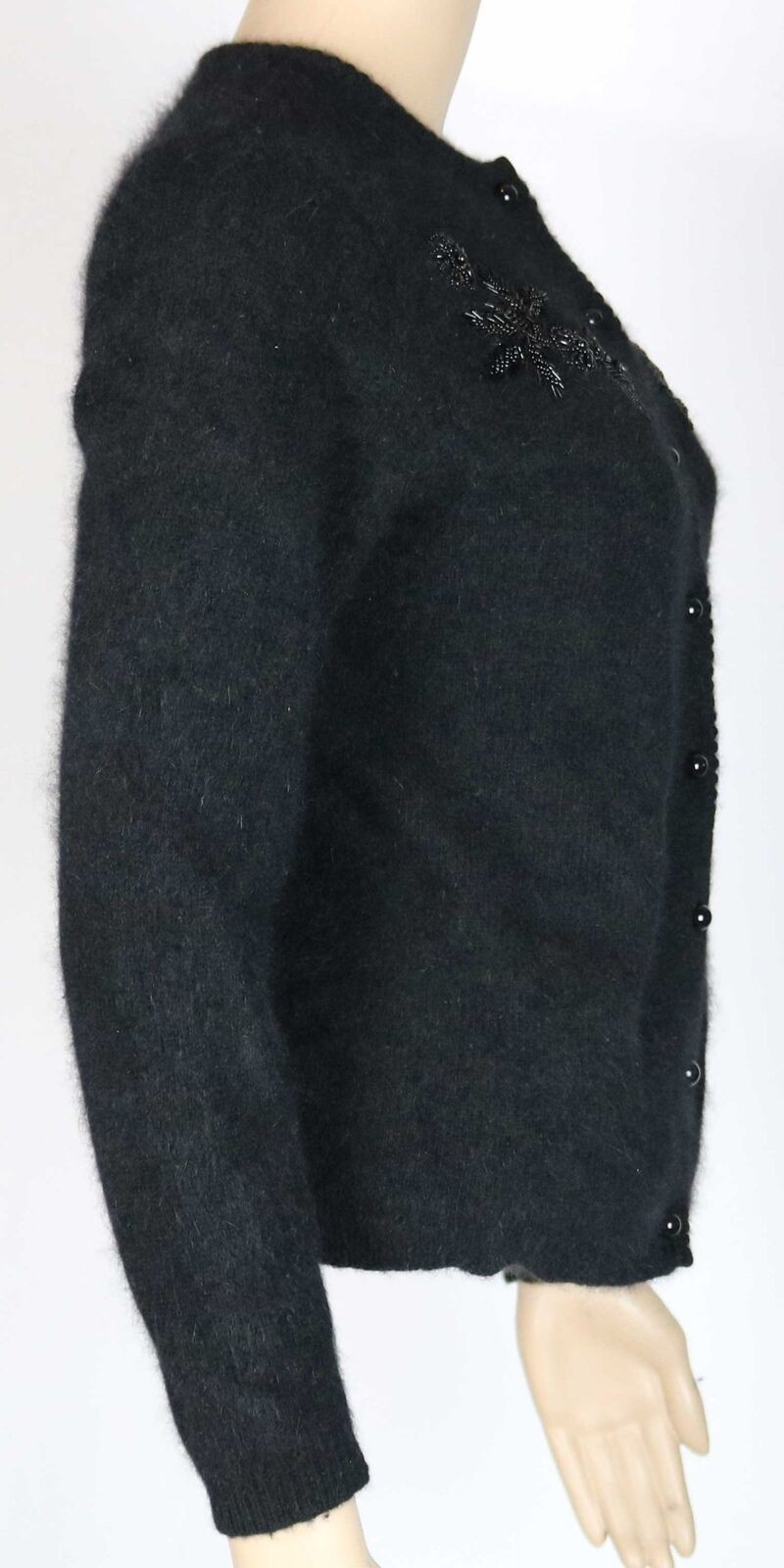 1990s Vintage 1950s Style Rafaella Beaded Cardigan Sweater Black Angora Wool S
