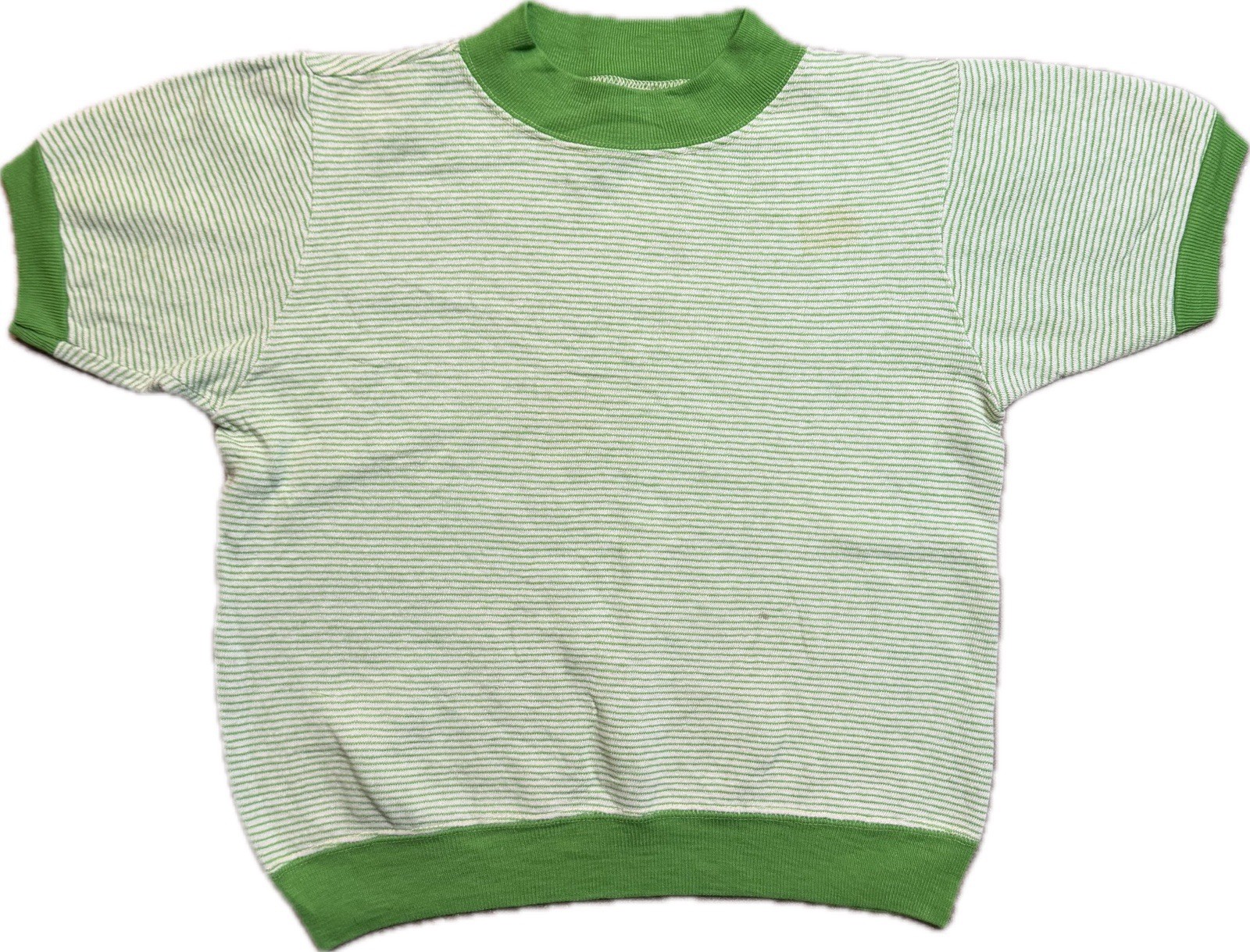 Vintage 70s Green & White Striped Short Sleeved Sweatshirt Retro Femme Sweater