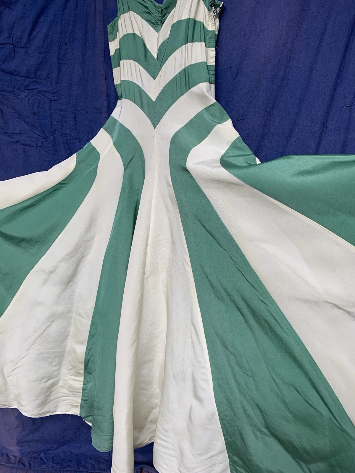 1940s Radial Stripe Rayon Taffeta Maxi Gown