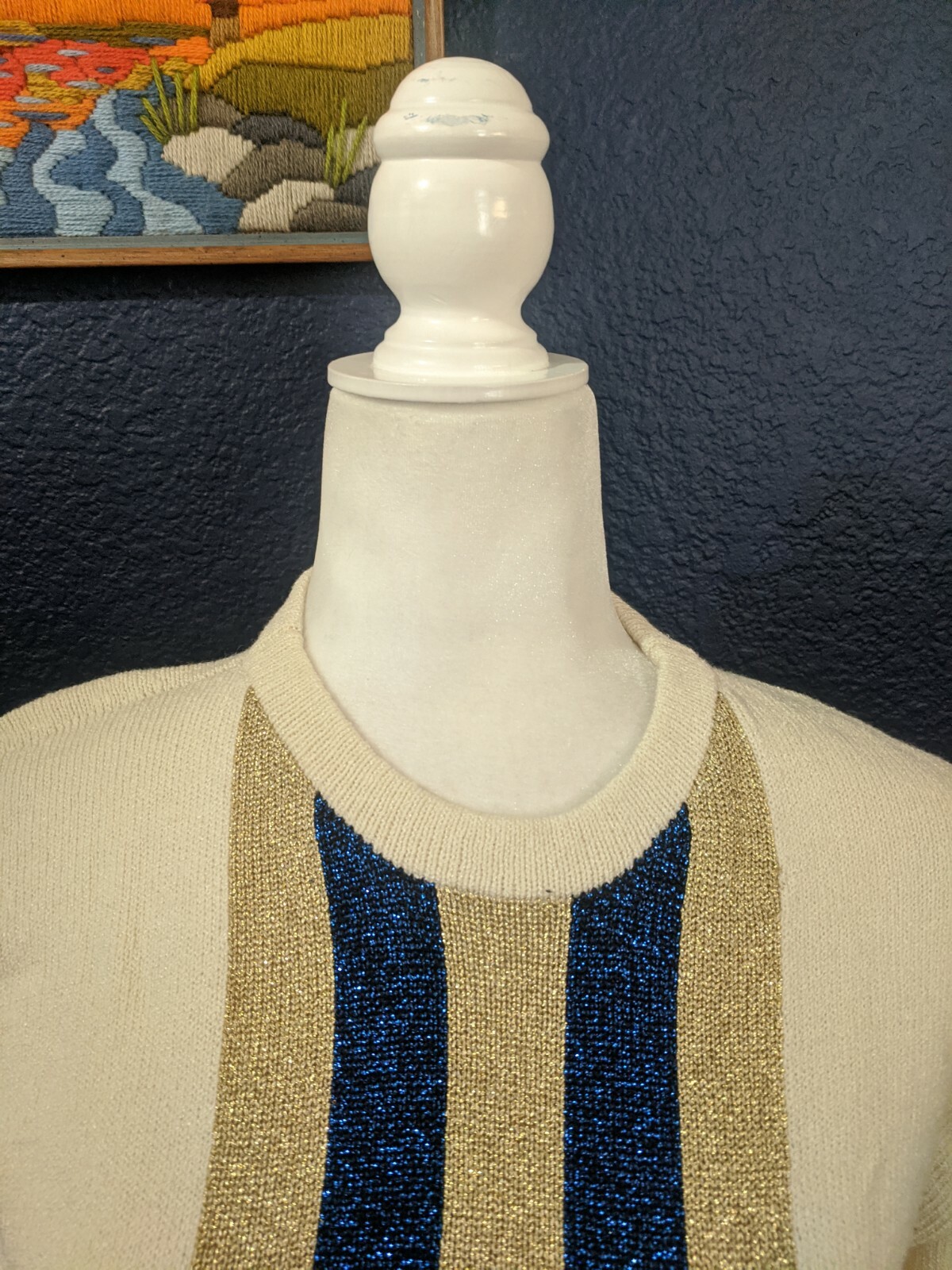 VTG Helen Hsu NY Beige w/ Gold Blue Metallic Sweater Bergdorf Goodman Medium M