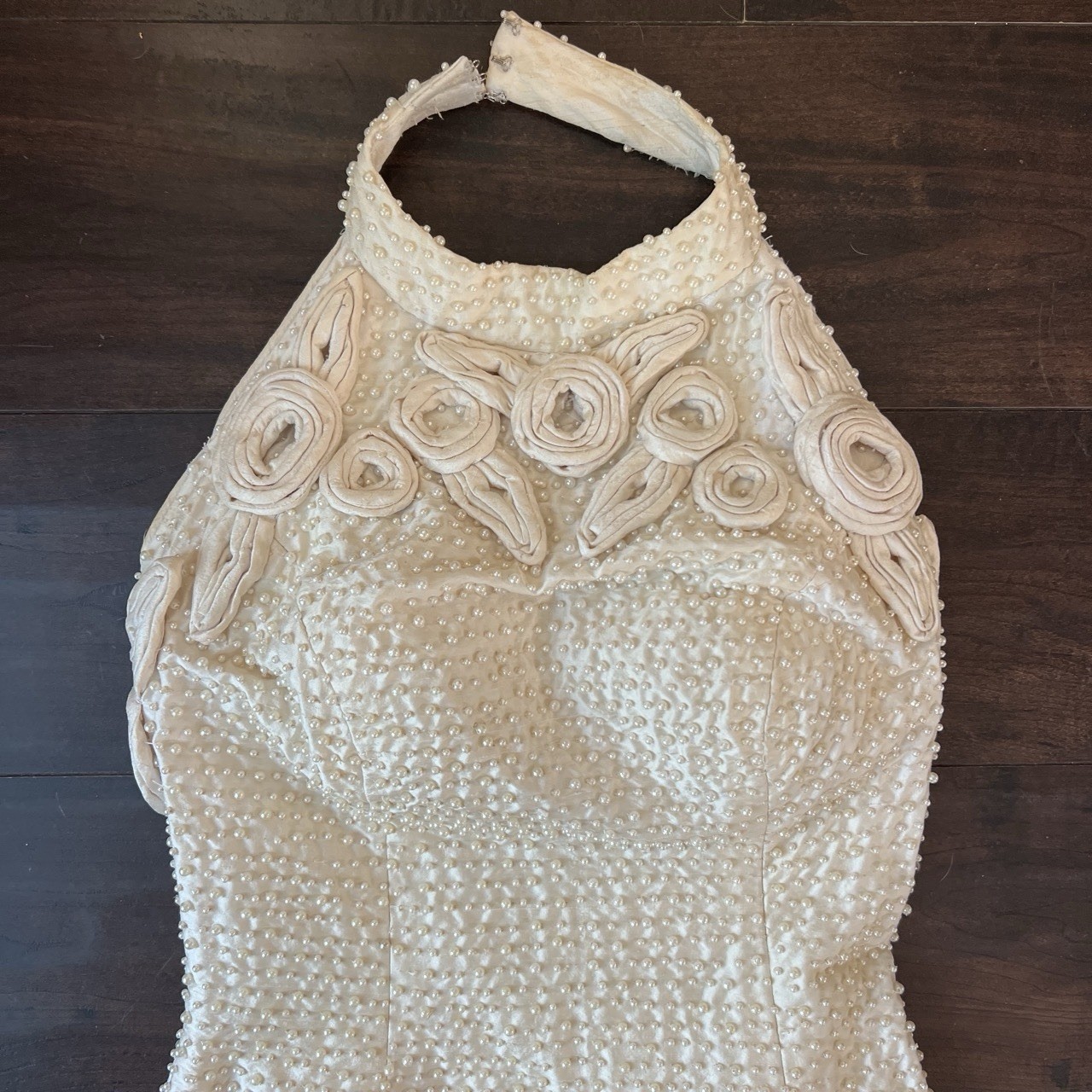 Vtg 90s Baracci Couture Pearl Embellished Rosette Silk Halter Mini Dress Wedding