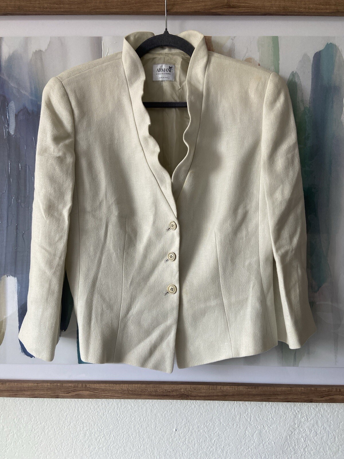 Armani Collezioni Blazer Women’s 46/M Vintage Linen Cream Ruffle Neckline accent