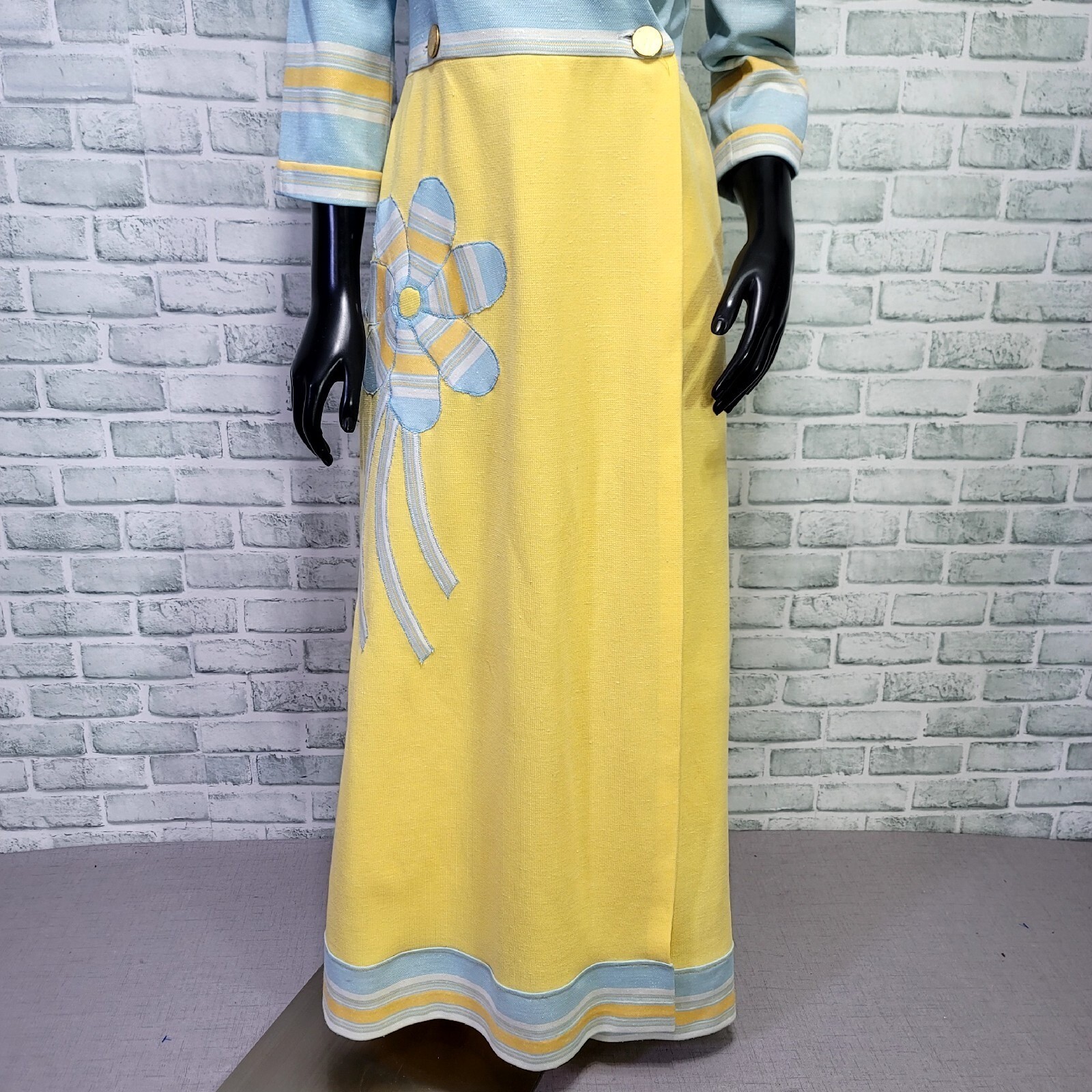 Vintage 60s 70s Maxi Dress Yellow Blue Striped Floral Applique Shawl Collar Mod