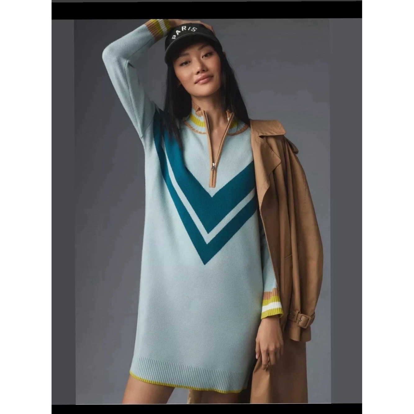 Anthropologie Maeve VarsityLight Blue Chevron Zip-Neck Sweater Dress – Unbranded
