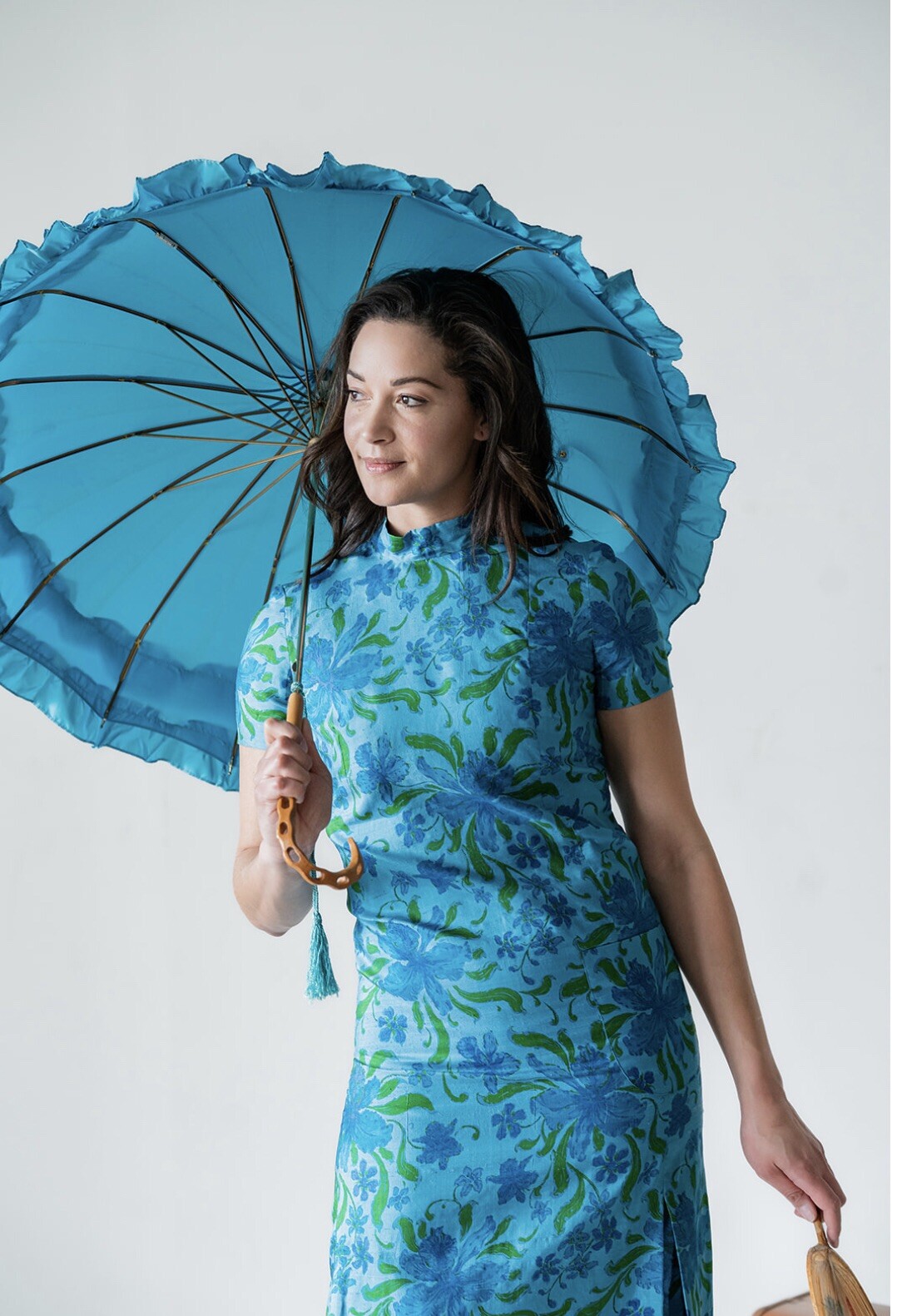 Blue & Green Orchid Floral Hawaiian Silk Dress