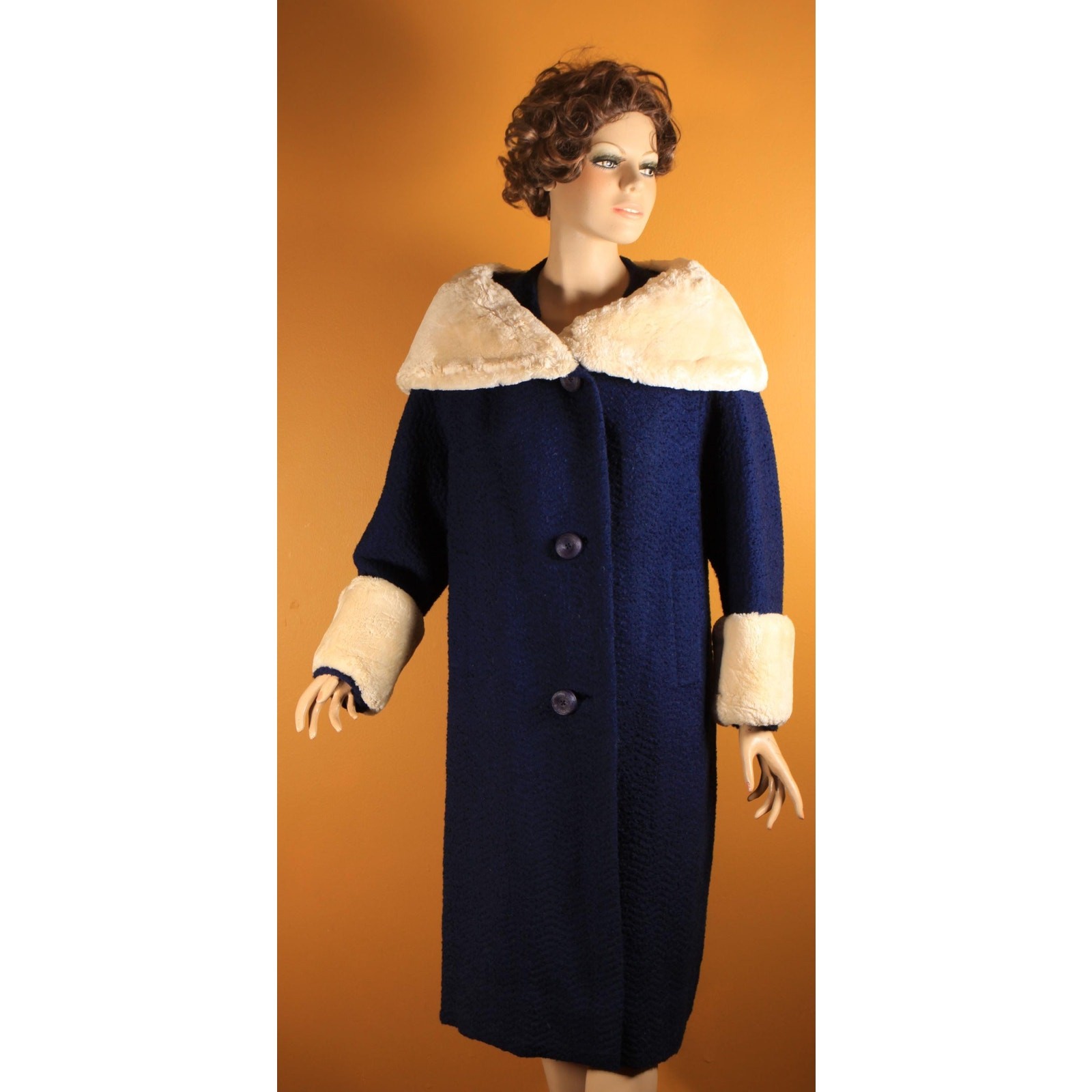 1950s Blue Long Sleeve Cream Sheared Chinchilla Fur Cuff Collar Coat by Adler’s