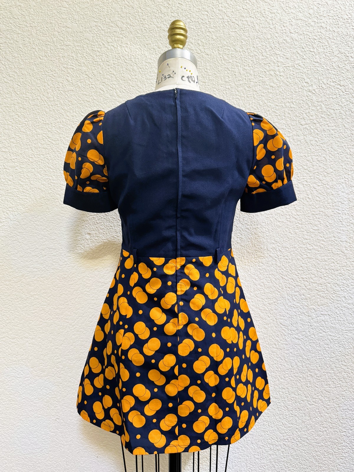 Vintage 1960s Puff Sleeve Navy Blue and Orange Micro Mini Dress Size Small S