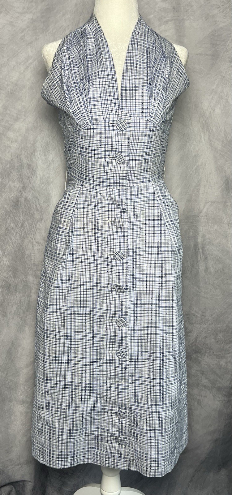 Vintage 1950s Forman & Gunner Blue White Plaid Swiss Dot Fitted Wiggle Dress M