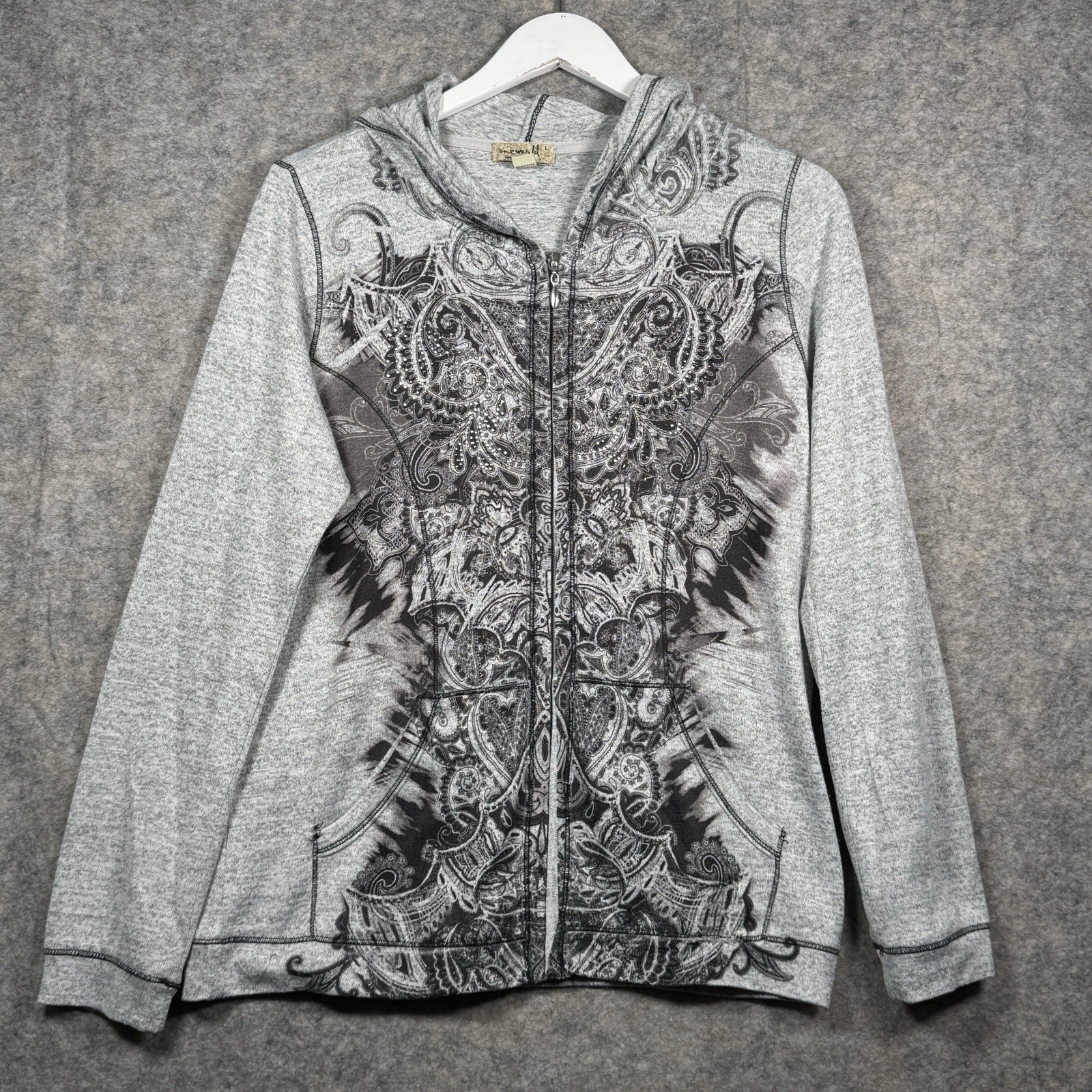 Vintage Y2K Womens One World Graphic Embellished Paisley Zip Up Jacket Size L