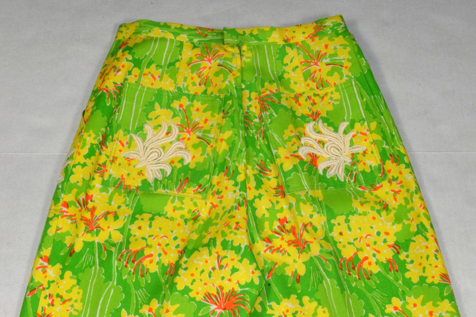 Vintage Lilly Pulitzer Pants Size 28X30 Green Yellow Floral Pocket Appliques Zip