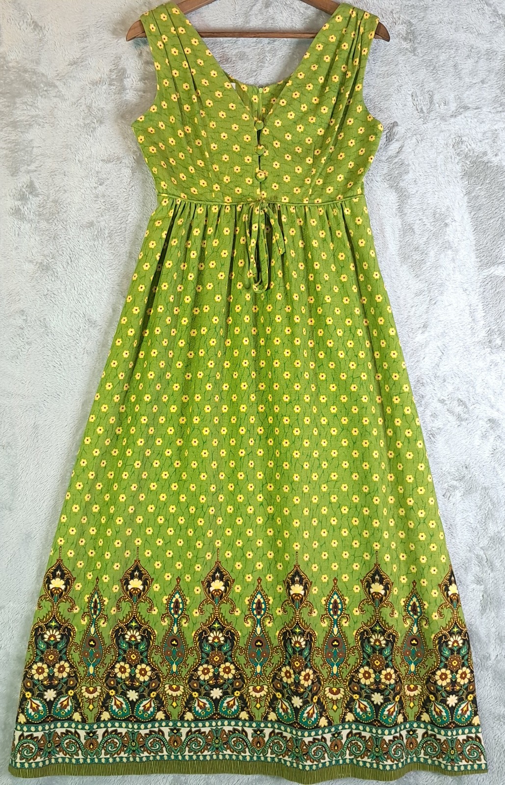 Vtg 70s BJs Fashions Honolulu Hawaiian Maxi Dress 17×51 Green Border Print S M