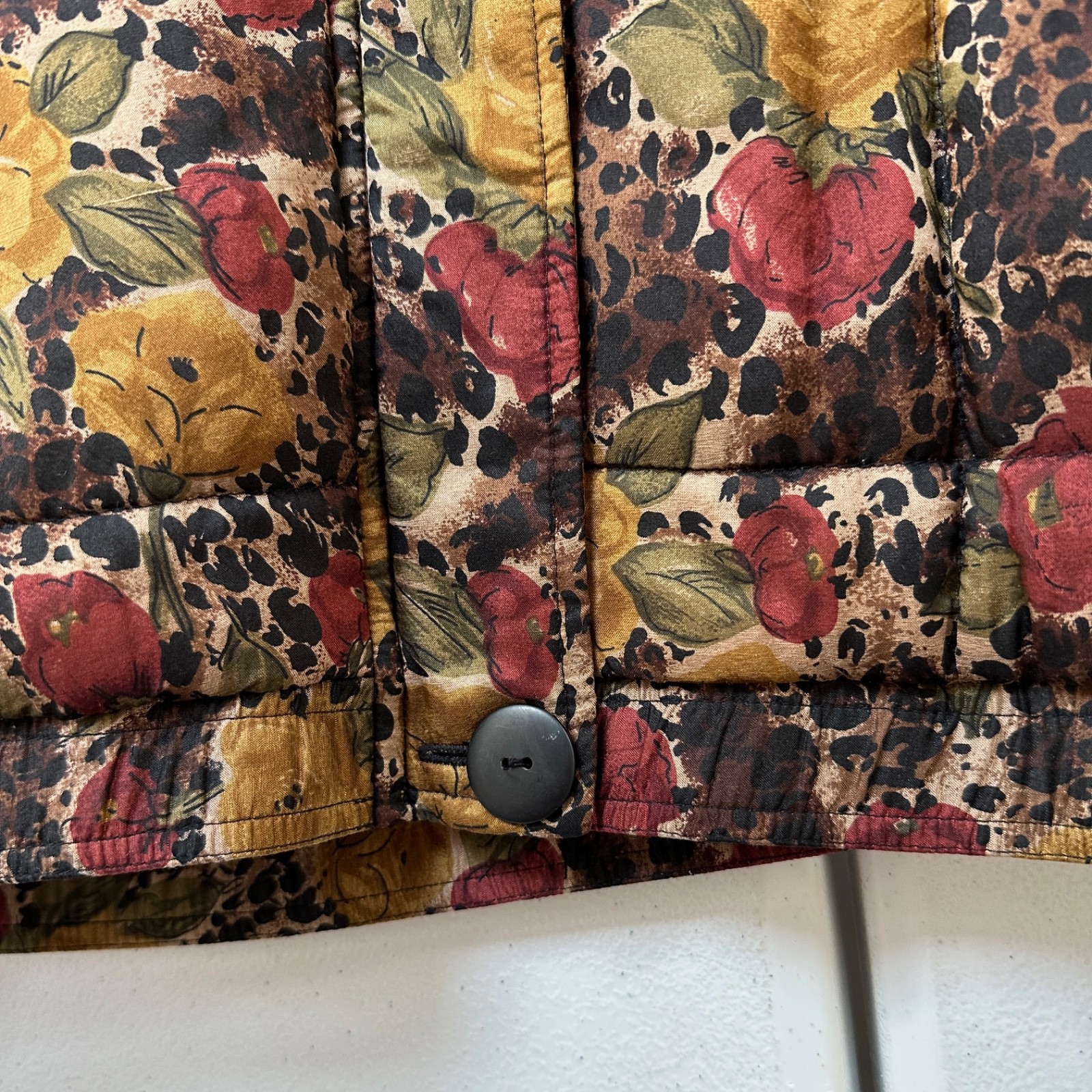 VTG 90s Anna and Frank Silk Quilted Jacket Large Leopard Floral Puffer Coat Warm